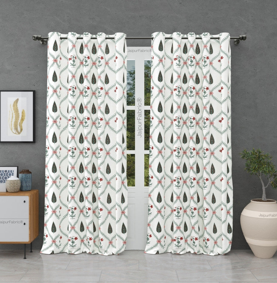 Madhuban Handblock Curtains Pink Flowers and Green Leaves