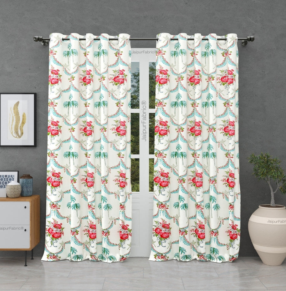 Vibrant Rose Bouquet Block Printed Jaipur Mela Cotton Curtains