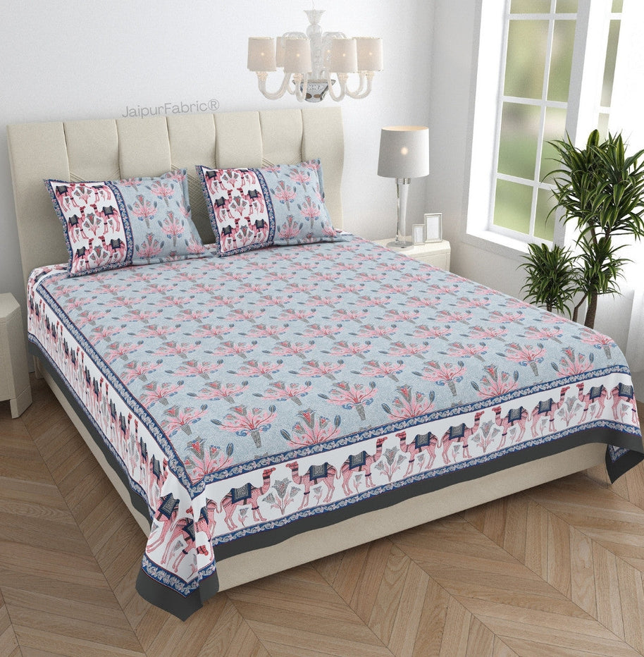 Floral Corsage Blue Pure Cotton King Size Bedsheet