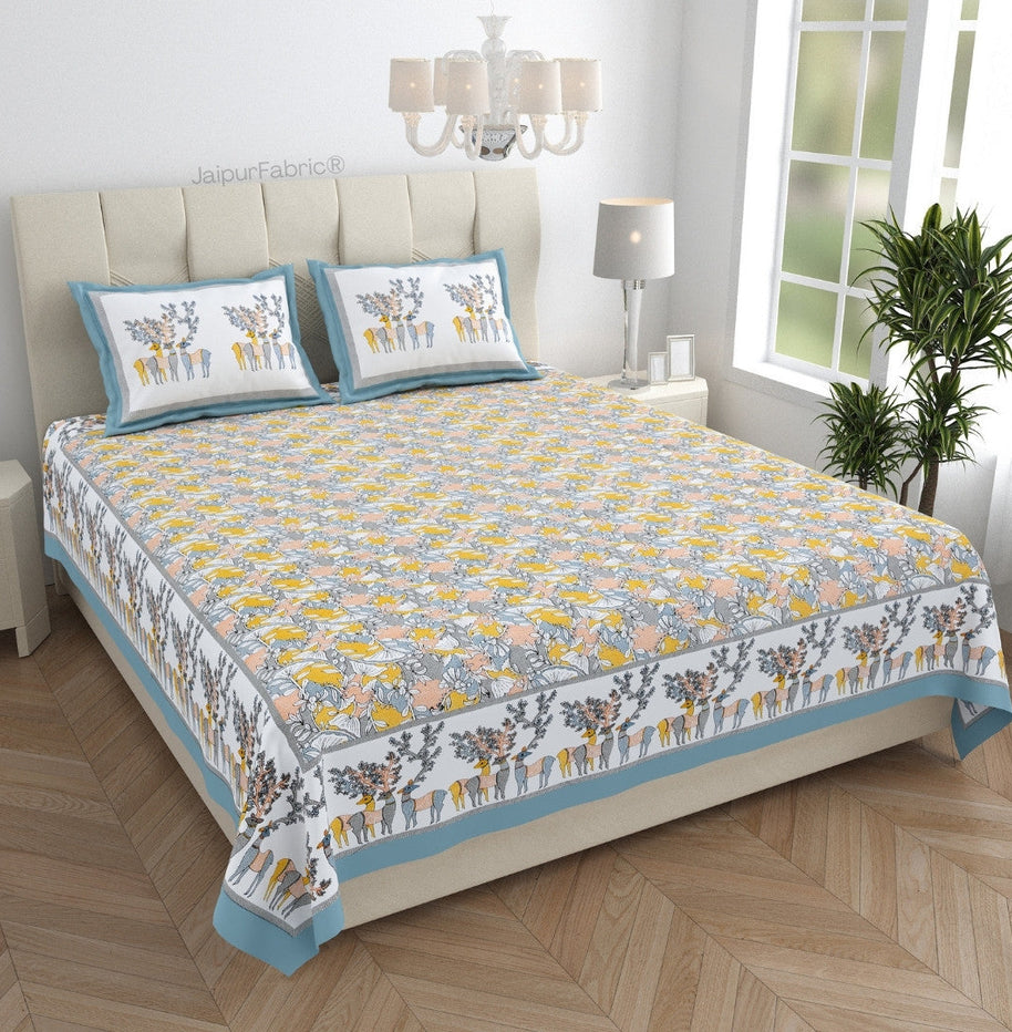 Deer Forest Yellow Pure Cotton King Size Bedsheet