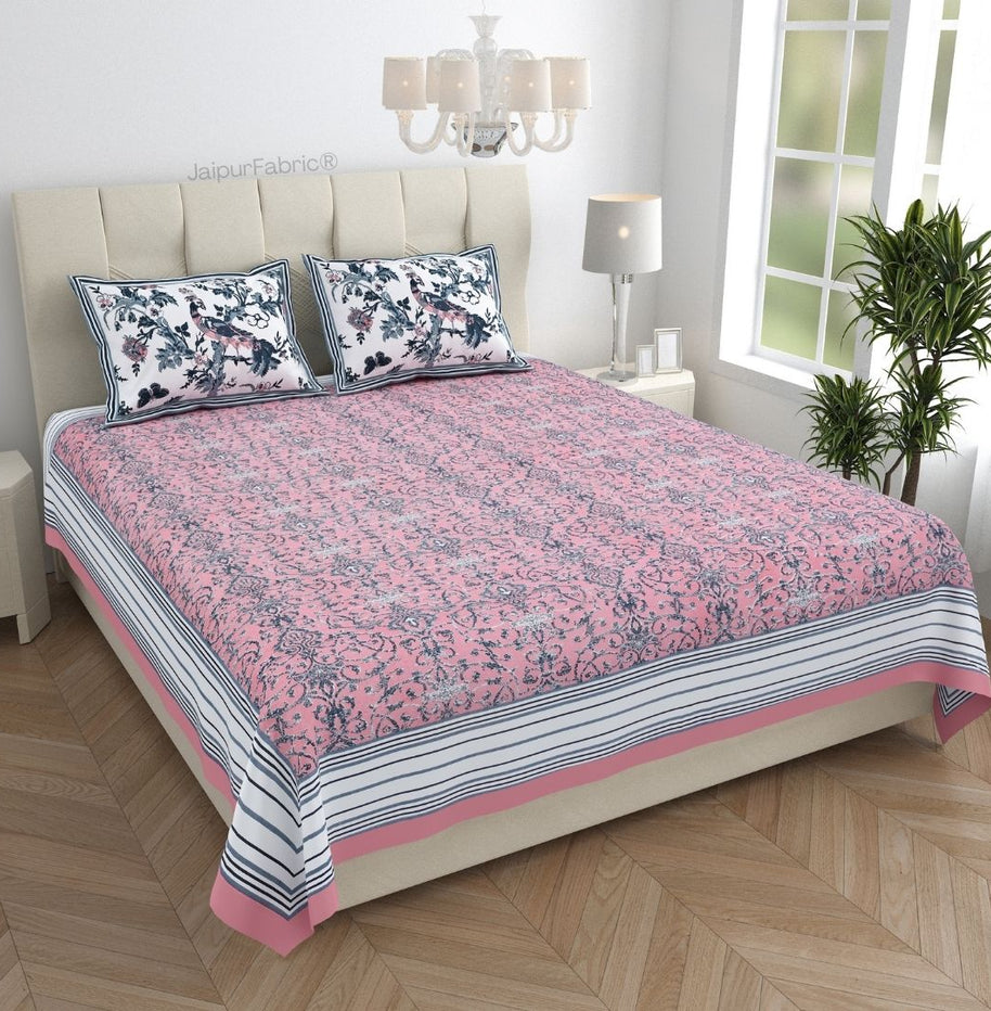 Peacock Park Pink Pure Cotton King Size Bedsheet