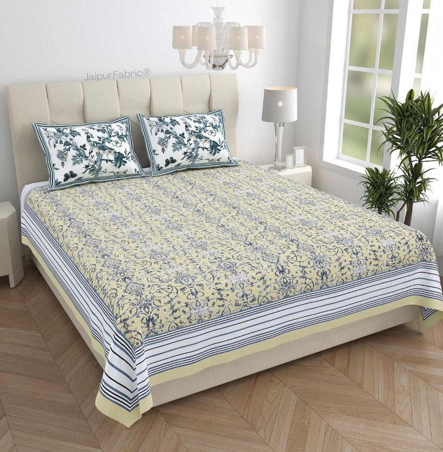 Peacock Park Yellow Pure Cotton King Size Bedsheet