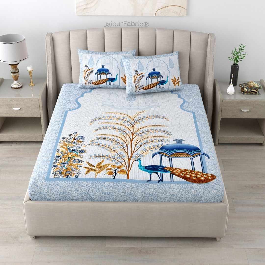 Classic Peacock Bliss Pure Cotton Azure Gold Double Bedsheet