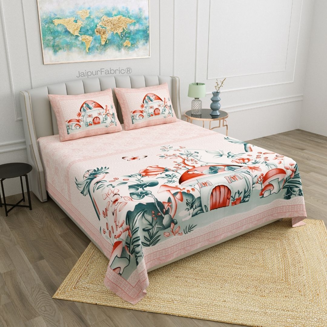 Dreamy Woodland Forest Pink Pure Cotton Double Bedsheet