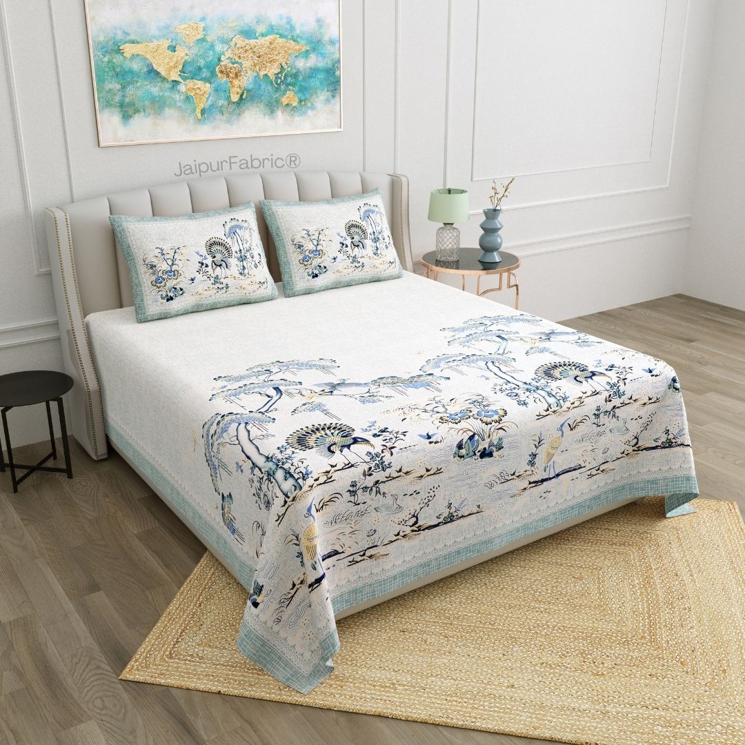 Peacock Paradise Blue Pure Cotton Double Bedsheet