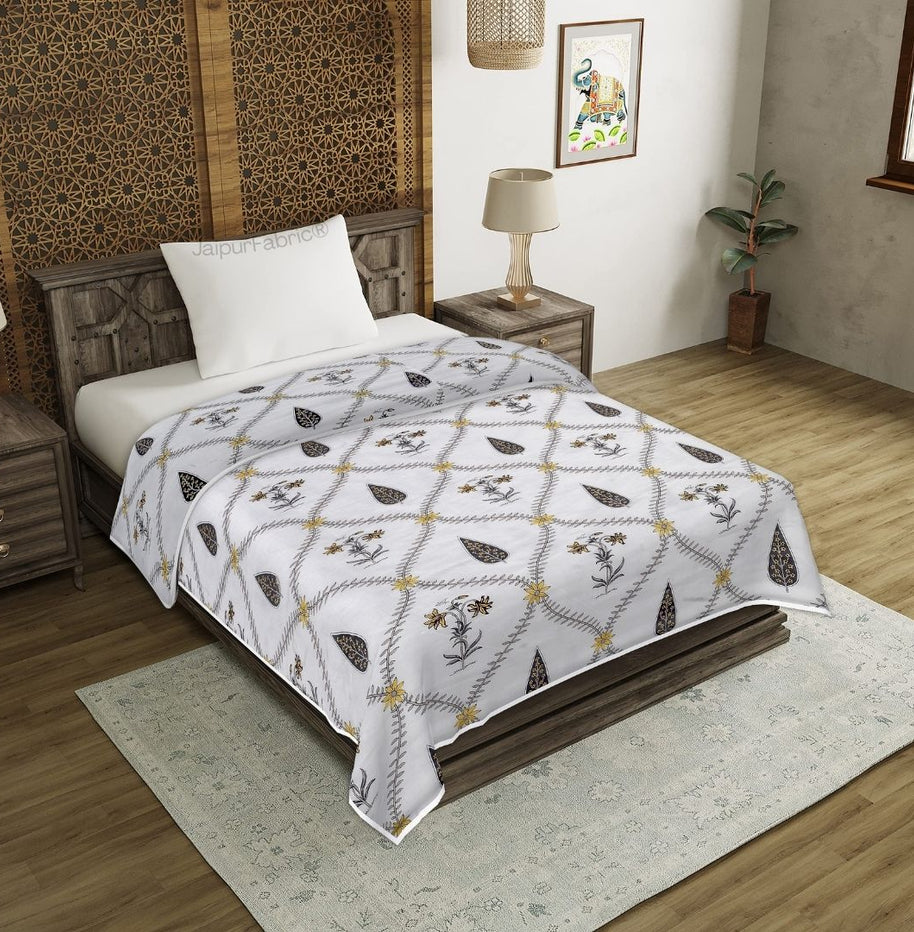 Beautiful Yellow & Grey Pookalam Floral Symphony Rihaa Handblock Printed Single Bed Dohar