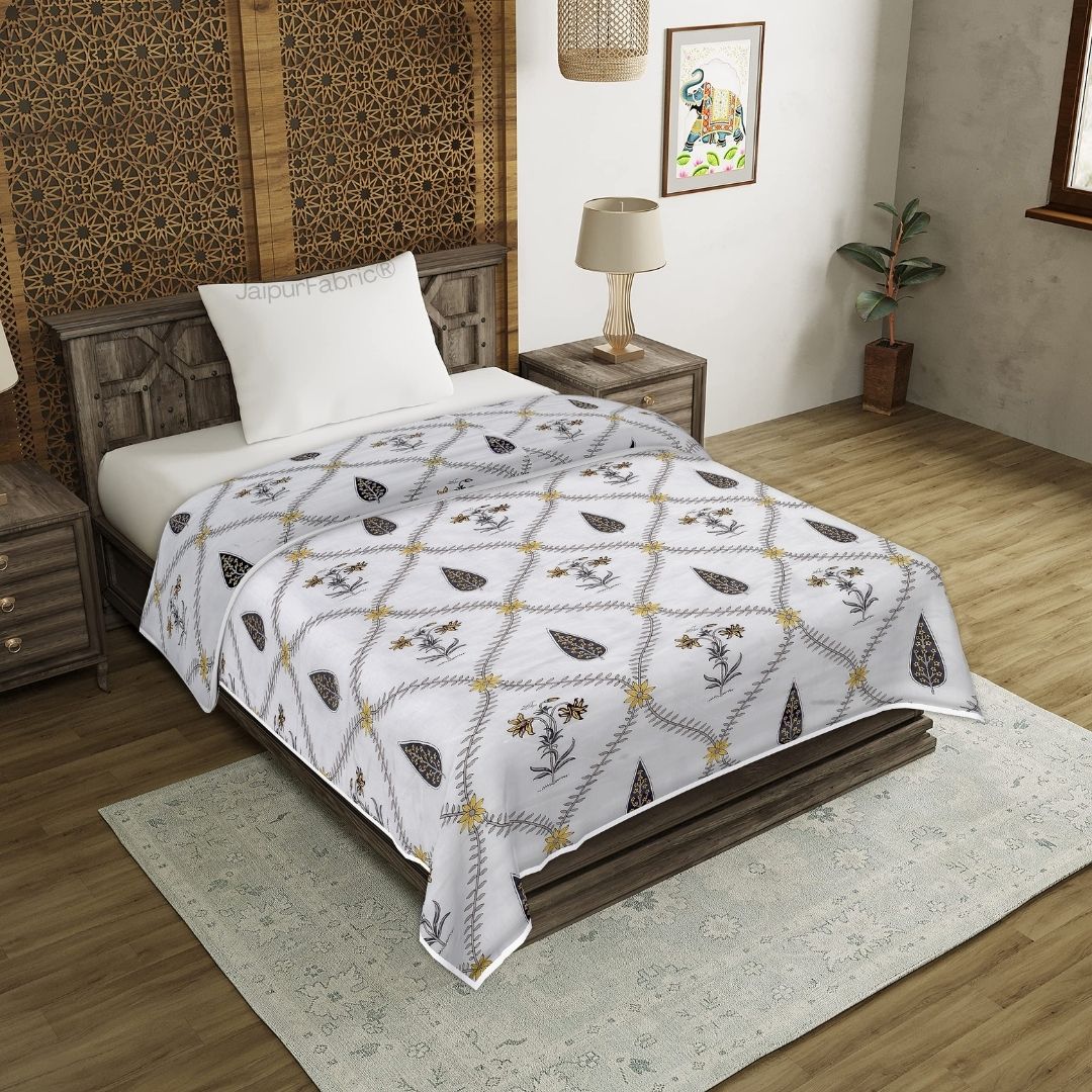 Beautiful Yellow & Grey Pookalam Floral Symphony Rihaa Handblock Printed Single Bed Dohar