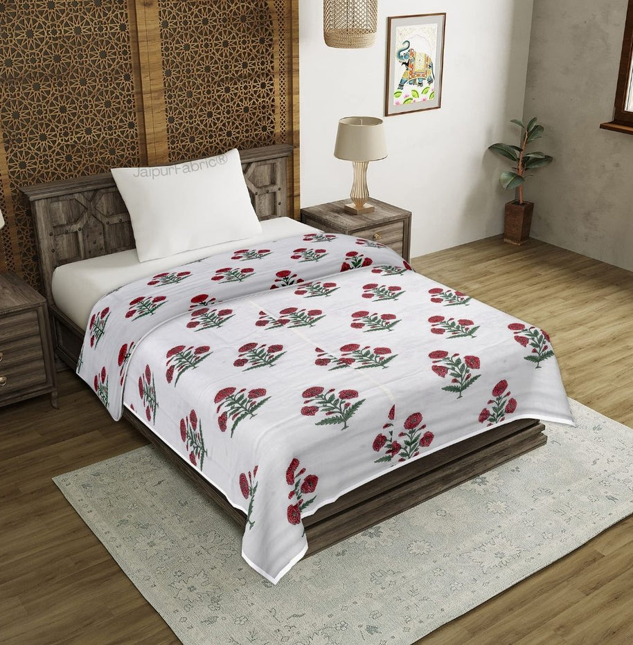 Ocean Enclave Handblock Red Flowers and Green Leaves Single Bed Dohar