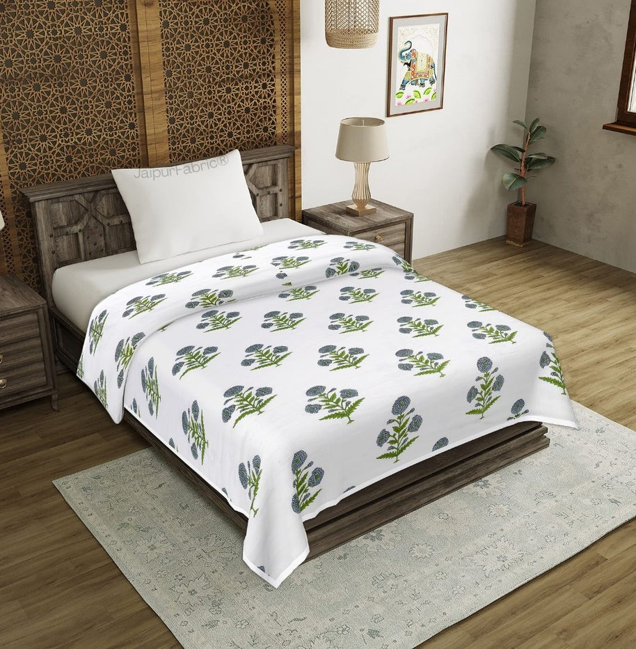 Jaipuri Aachho Hand Block Printed Single Bed Dohar with Blue Floral Blocks