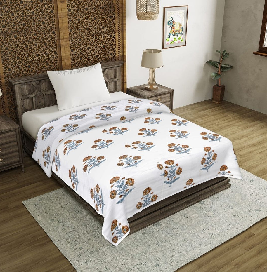 Classic Floral Boota Hand Block Printed Single Bed Dohar with Marigold Flower and Grey Leaves