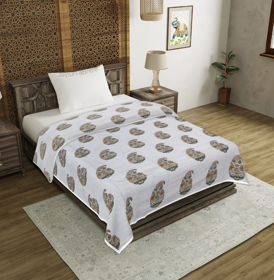 Hand Block Printed Floral Valley Bunai Pattern Indian Kairi Design Single Bed Dohar