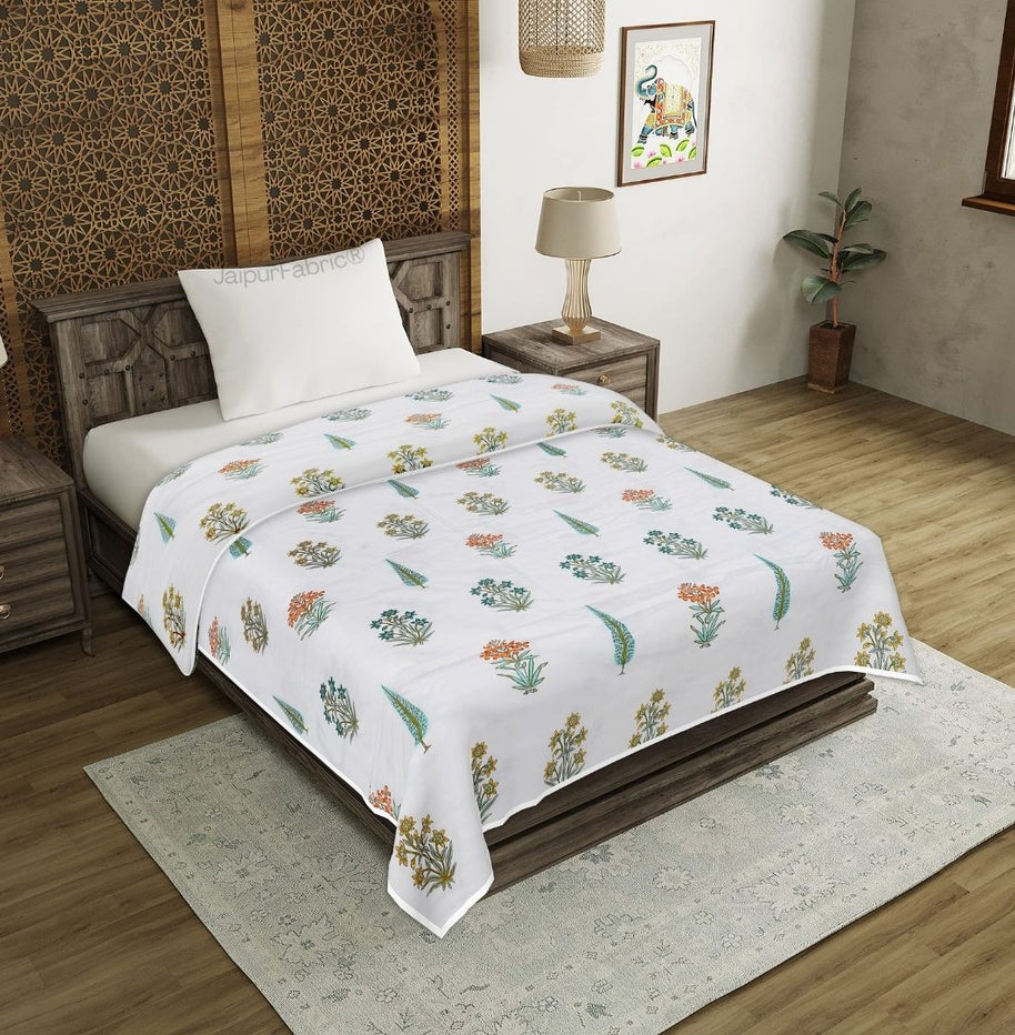 Jaipur Mela Hand Block Printed Sea Green Trees and Flowers Single Bed Dohar