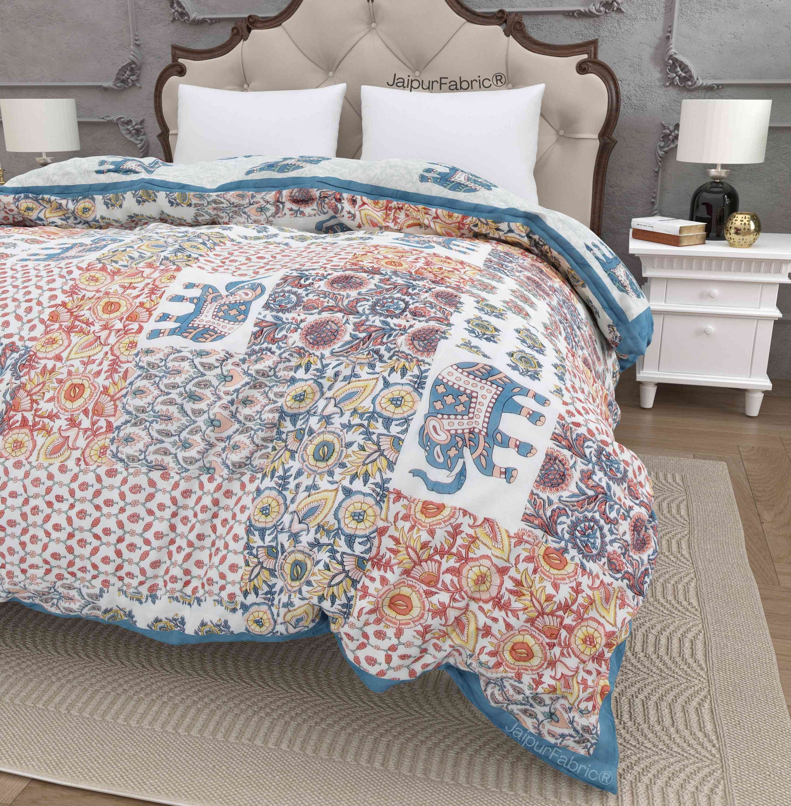 Reversible Patchwork Elephant Print with Intricate Floral Design Double Sided Quilt Rajai