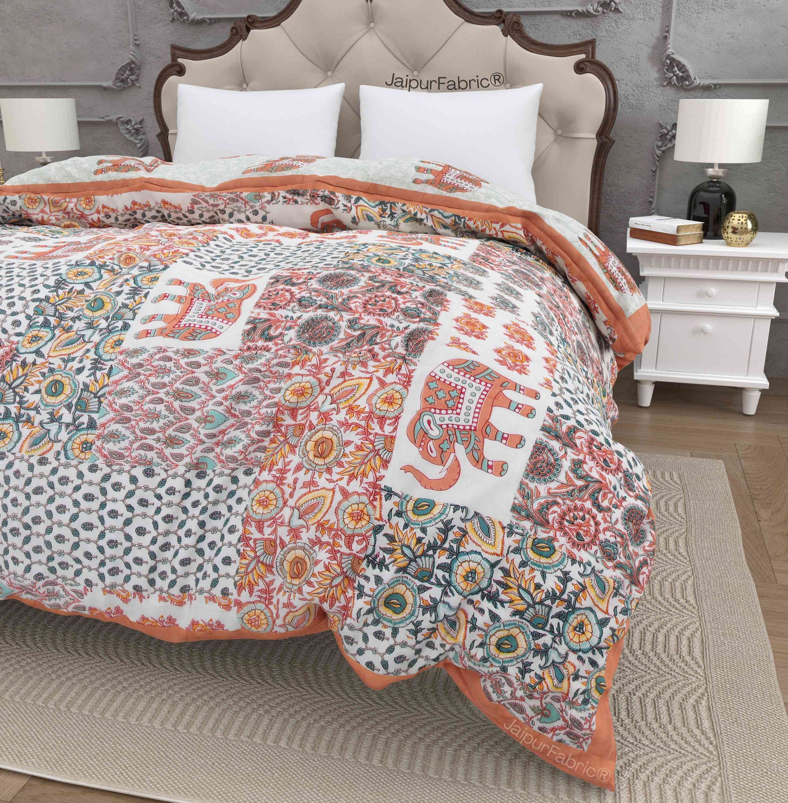 Reversible Patchwork Elephant Print Peach with Intricate Floral Design Double Sided Quilt Rajai