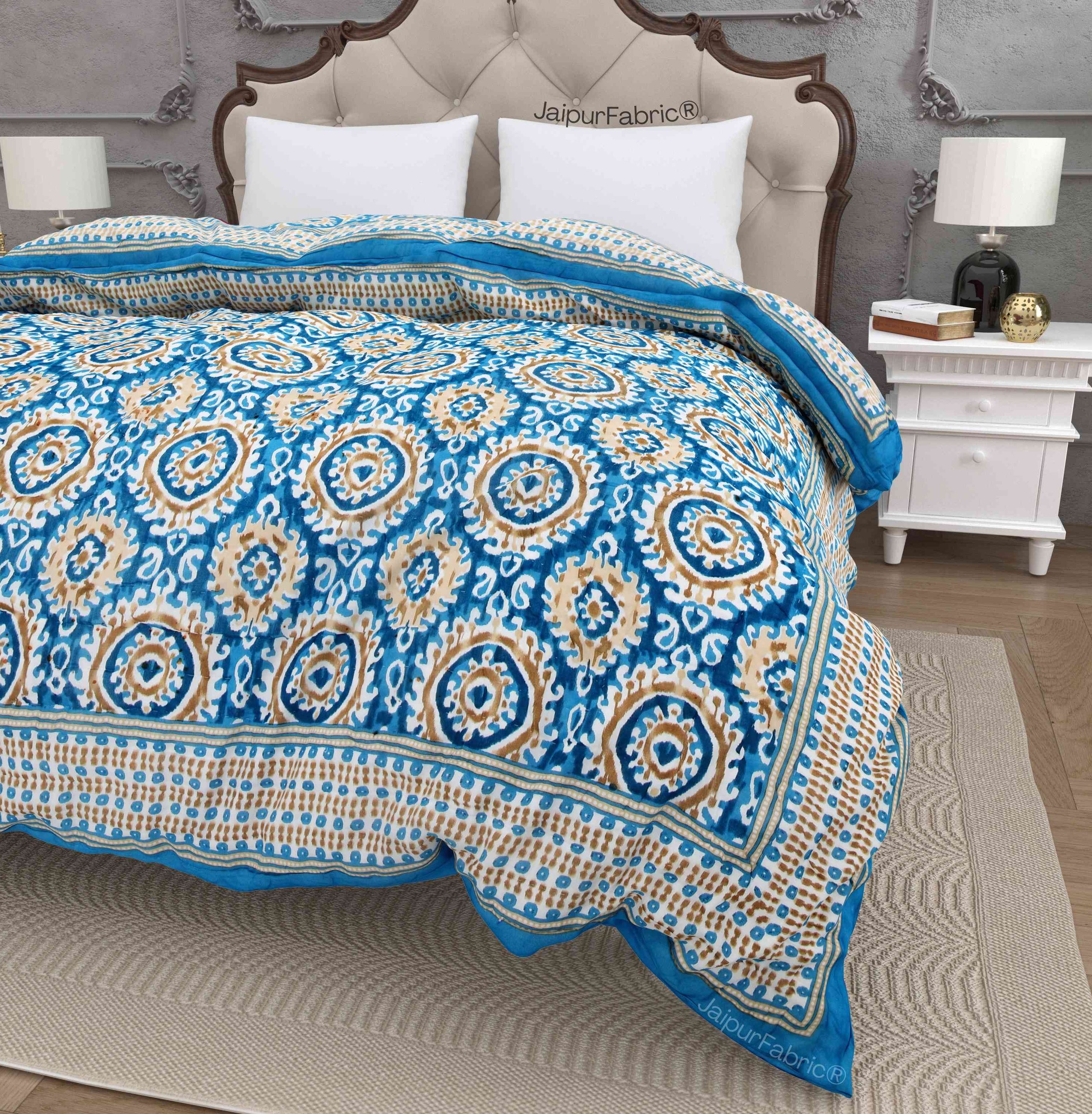 Peacock Elegance Reversible Vibrant Blue & Beige Motifs Double Bed Quilt Rajai