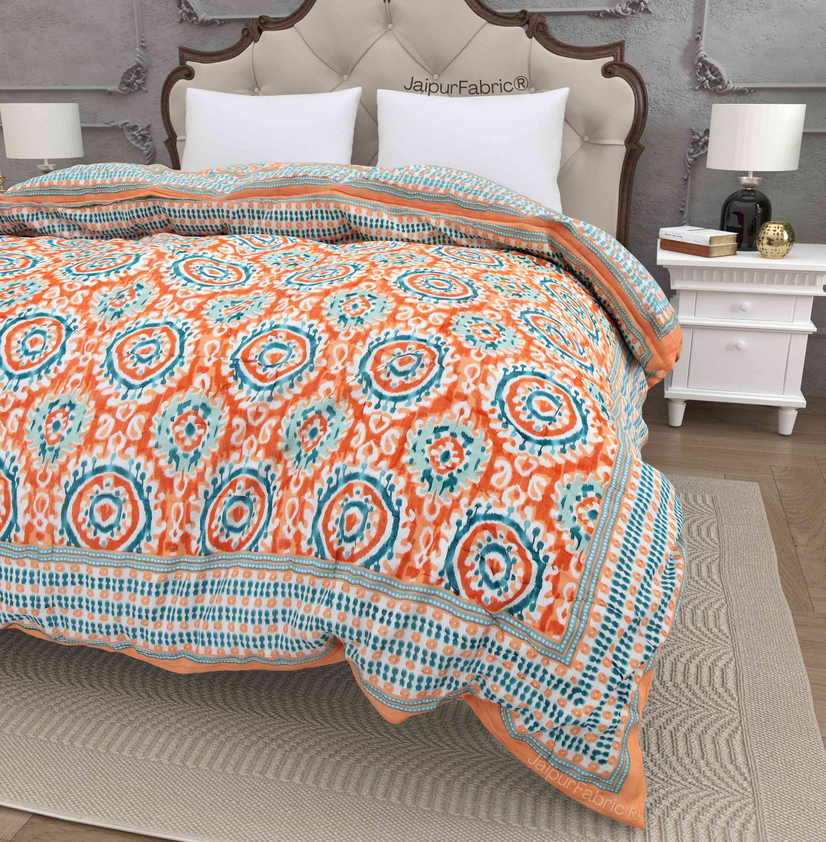 Peacock Elegance Reversible Vibrant Peach & Teal Motifs Double Bed Quilt Rajai