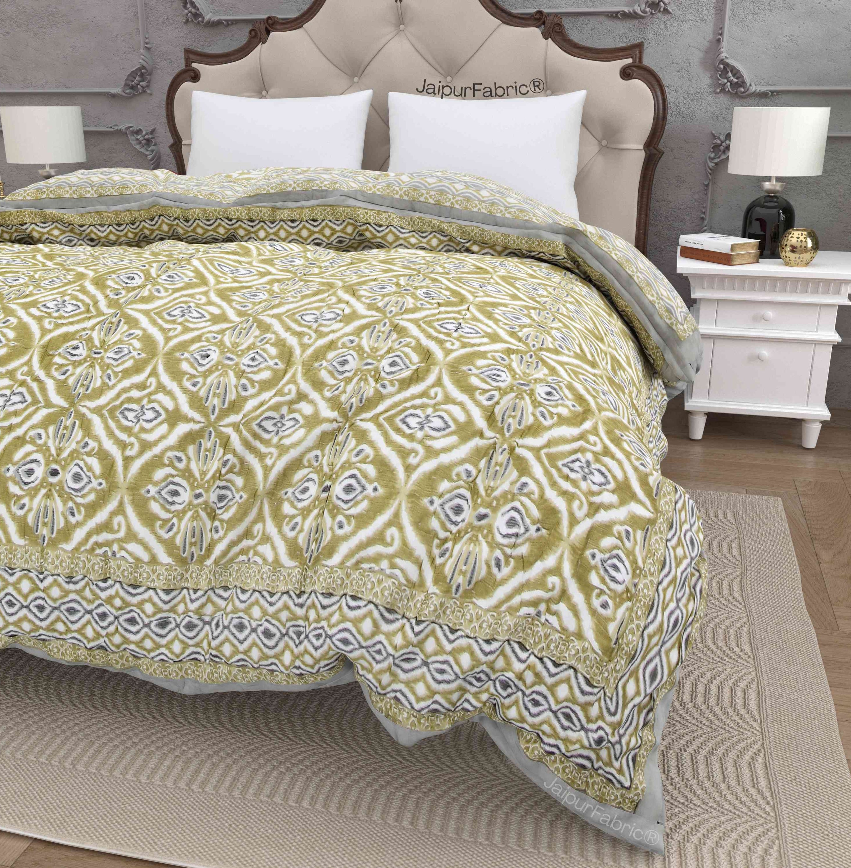 Saffron Splendor Reversible Double Bed Quilt Rajai with Ornate Geometric Charms Design