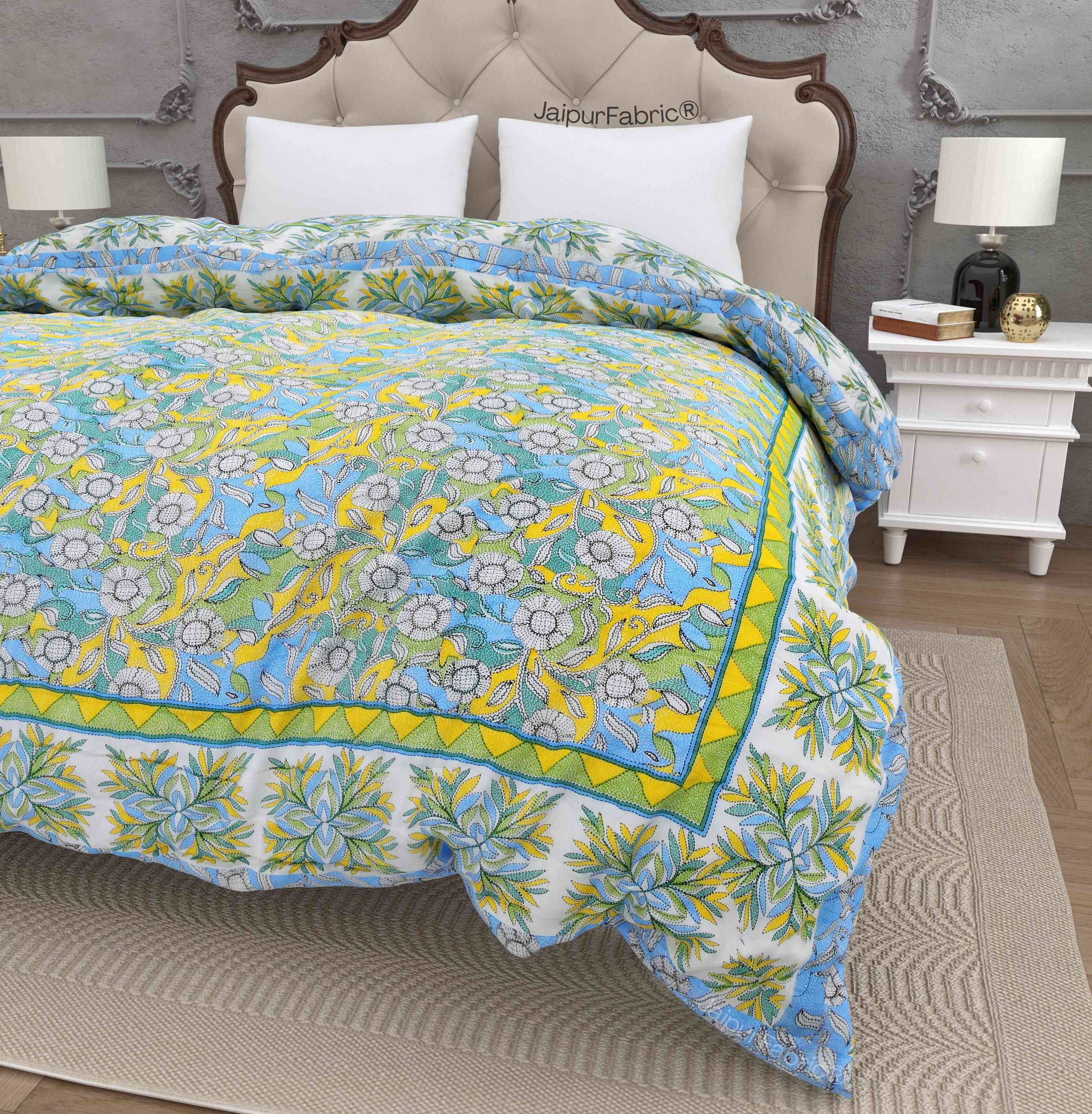 Tropical Dreamscape Blue & Green with Lush Floral Patterns Reversible Quilt Double Bed Rajai