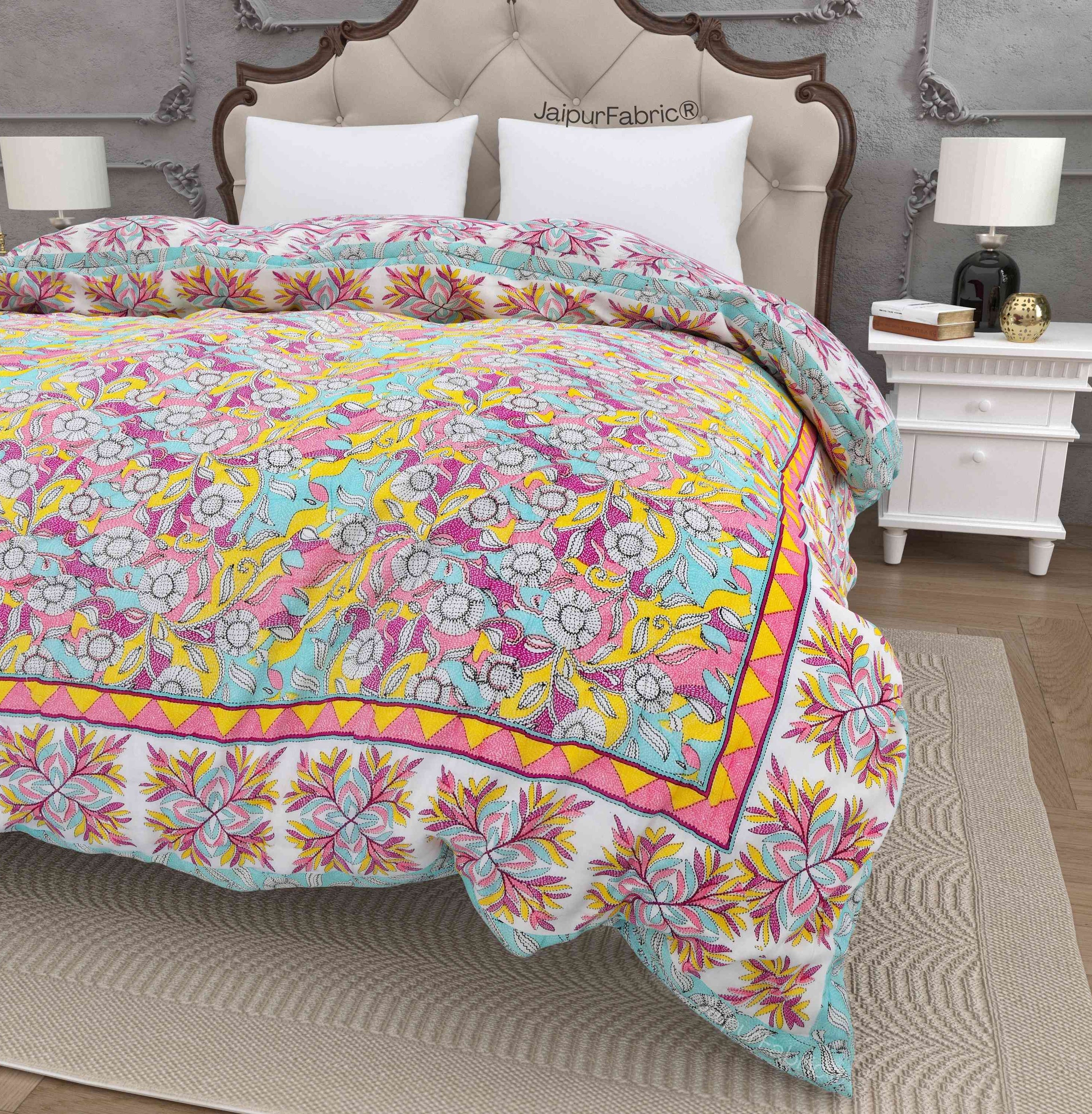 Tropical Dreamscape Colorful Lush Floral Patterns Reversible Quilt Double Bed Rajai