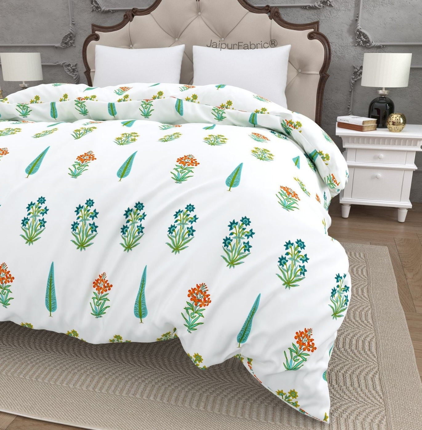 Jaipur Mela Hand Block Printed Sea Green Trees and Flowers Double Bed Quilt