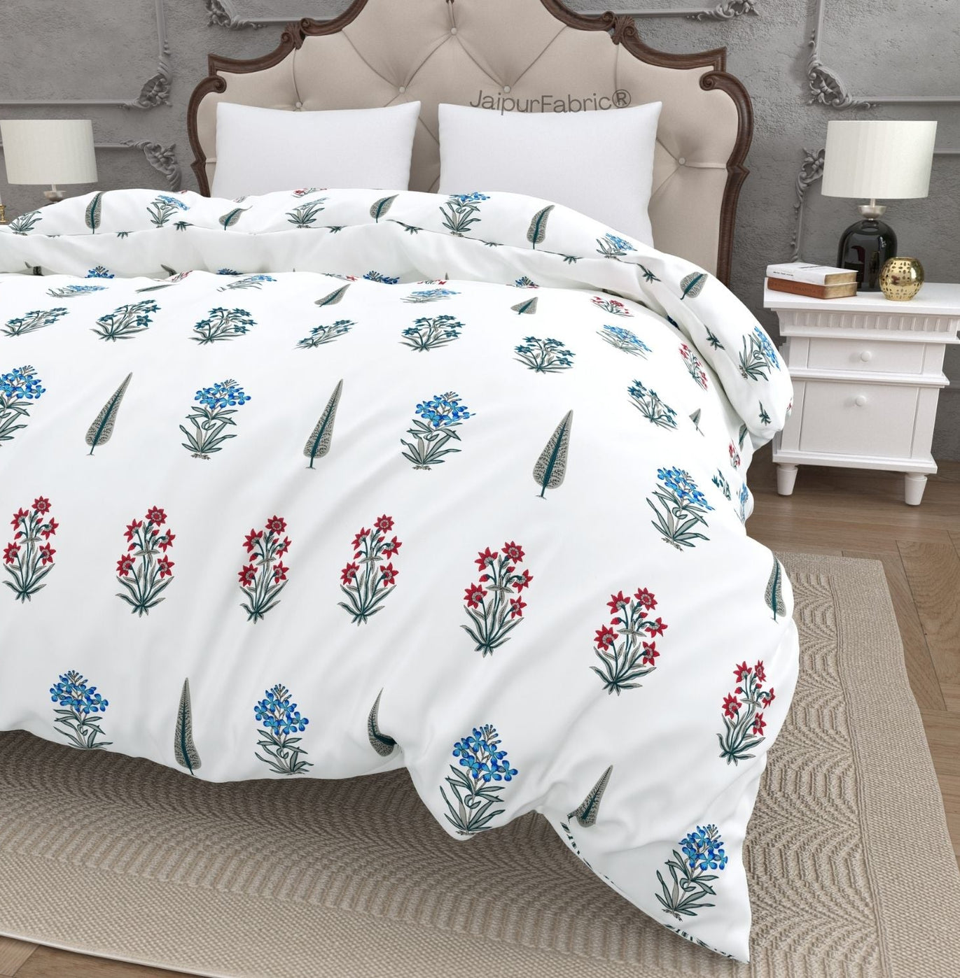 India Blocks of Red Blue Flowers Grey Leaves Block Printed Double Bed Quilt