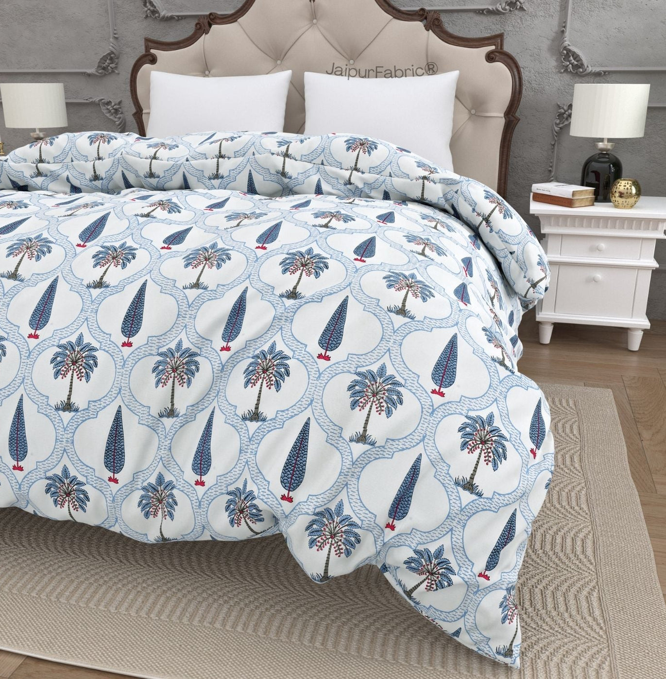 Jaipur Mela Hand Block Printed Blue Trees and Flowers Double Bed Quilt