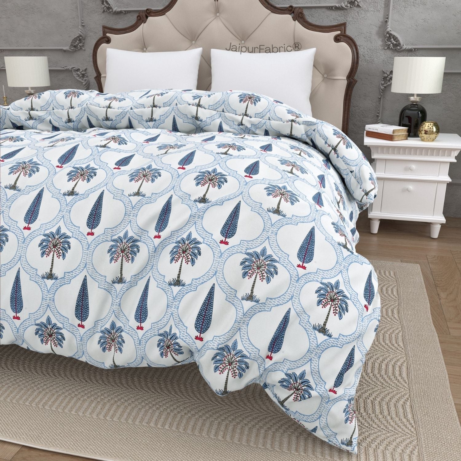 Jaipur Mela Hand Block Printed Blue Trees and Flowers Double Bed Quilt