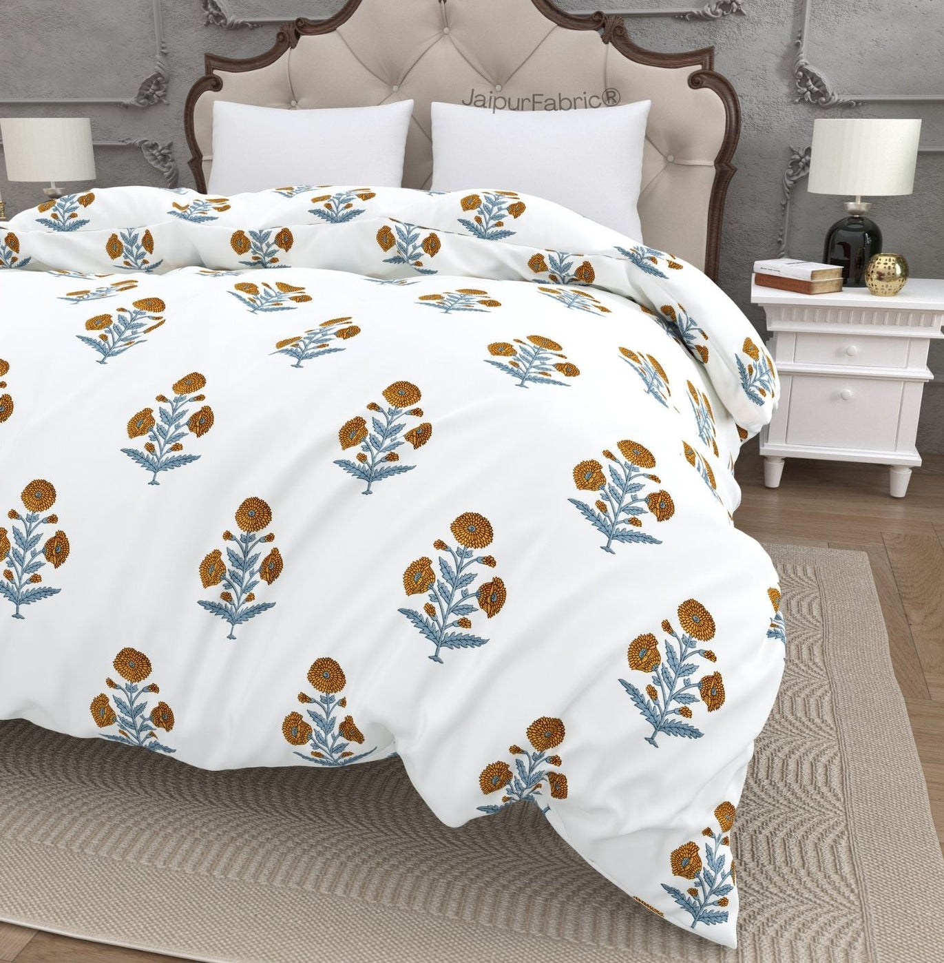 Classic Floral Boota Hand Block Printed Double Bed Quilt with Marigold Flower and Grey Leaves