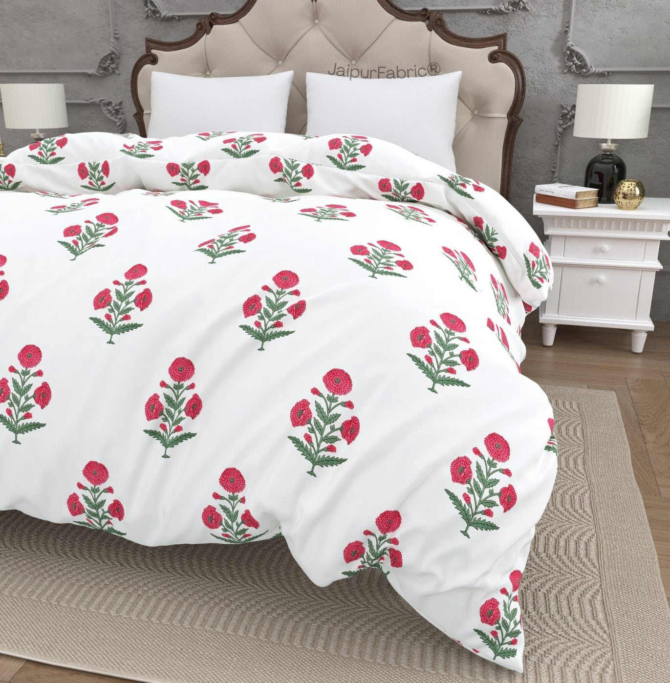 Ocean Enclave Handblock Red Flowers and Green Leaves Double Bed Quilt