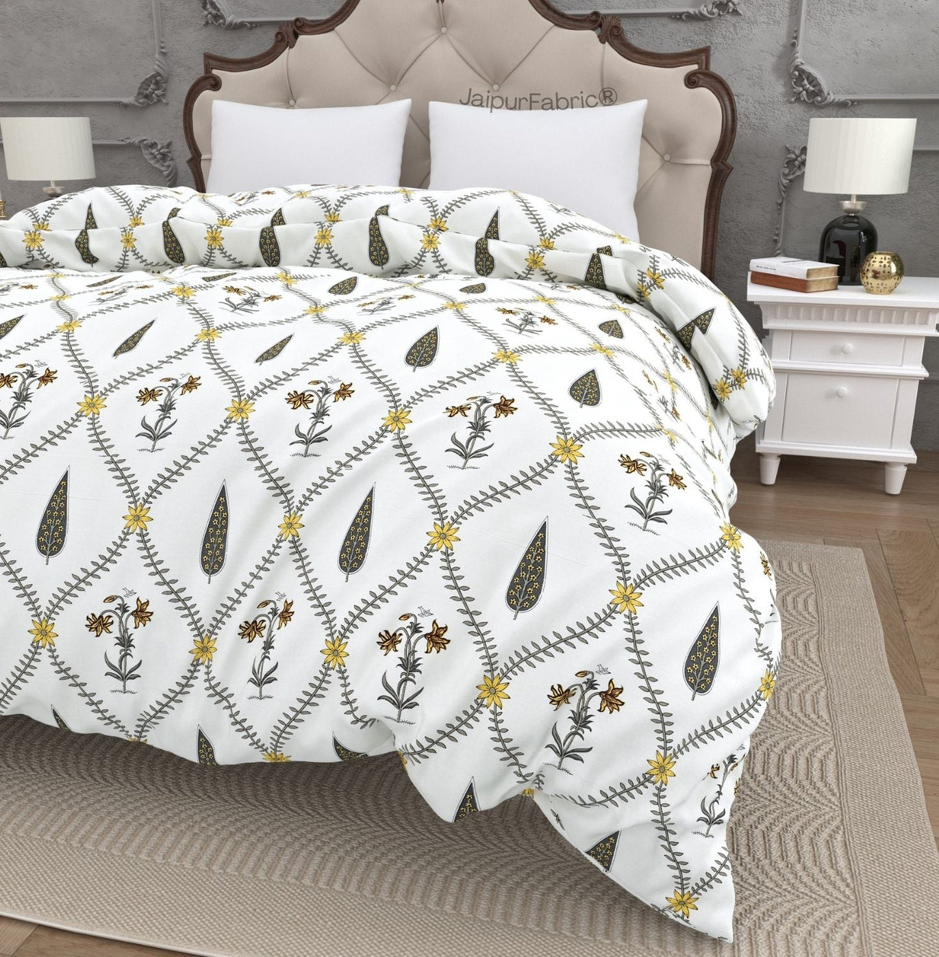 Beautiful Yellow & Grey Pookalam Floral Symphony Rihaa Handblock Printed Double Bed Quilt