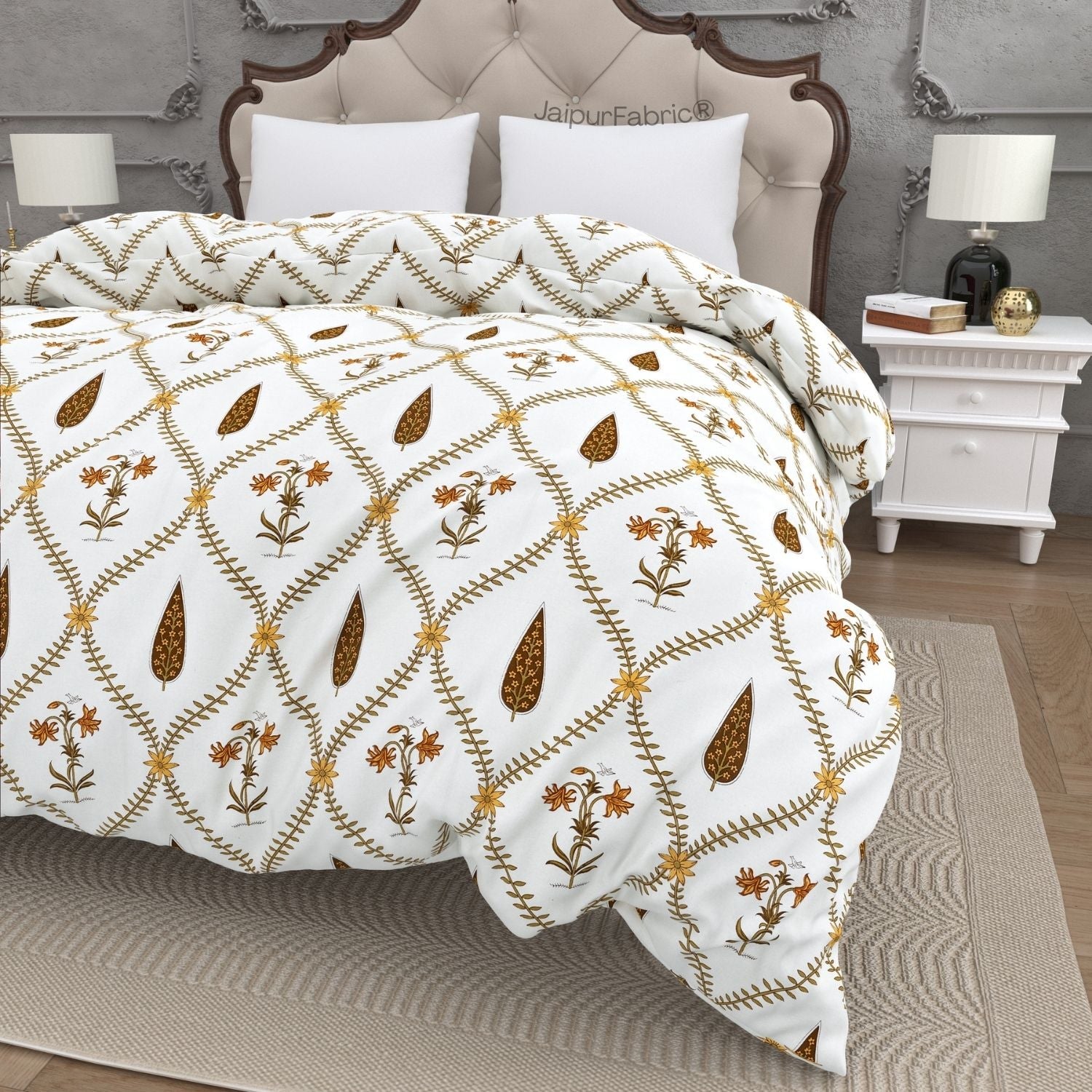 Pinklay Golden Bloom Heritage Double Bed Quilt with Yellow & Brown Floral Block Prints