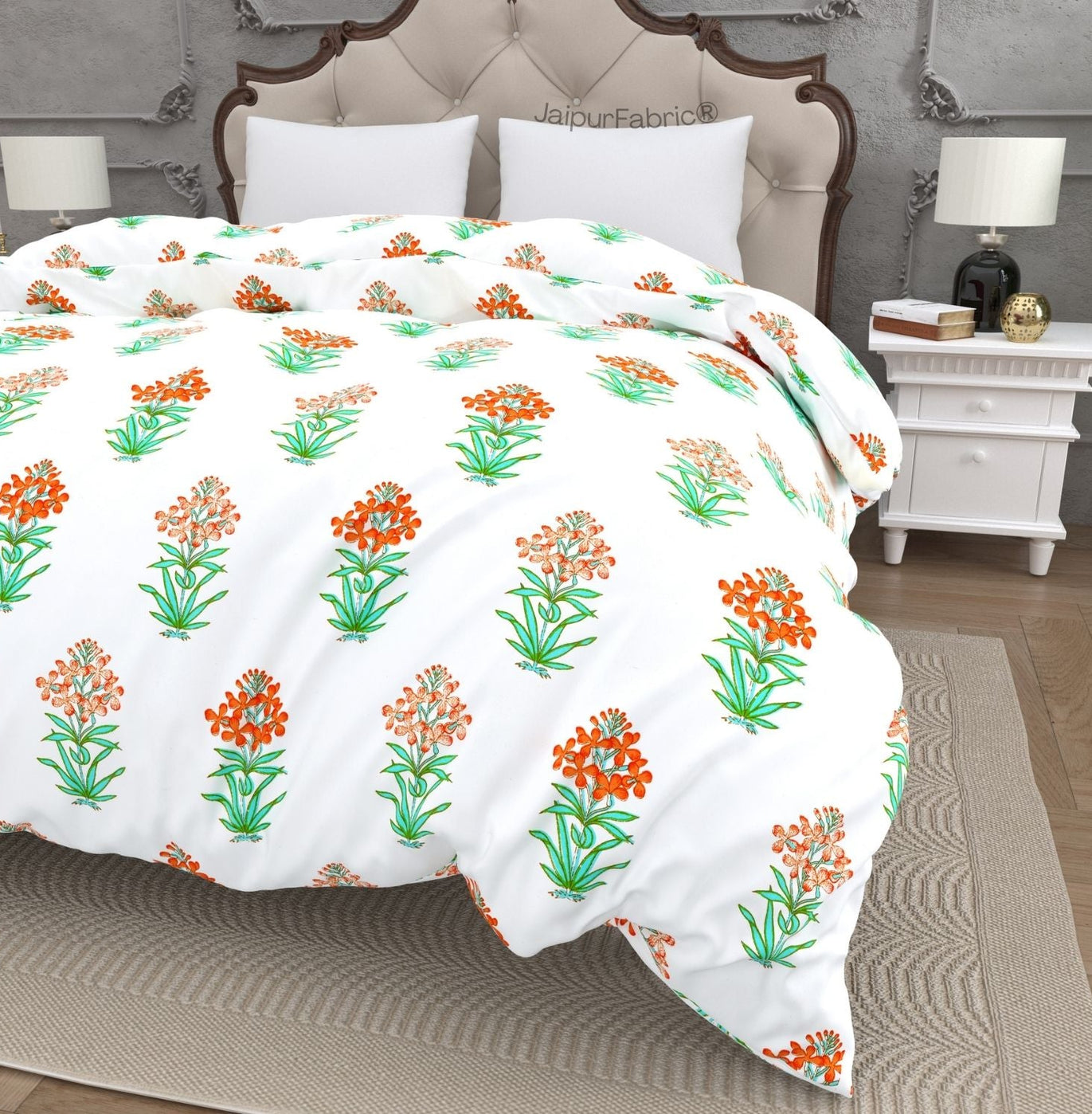 Jaipur Garden Hand Block Printed Orange Blossom and Green Leaf Double Bed Quilt