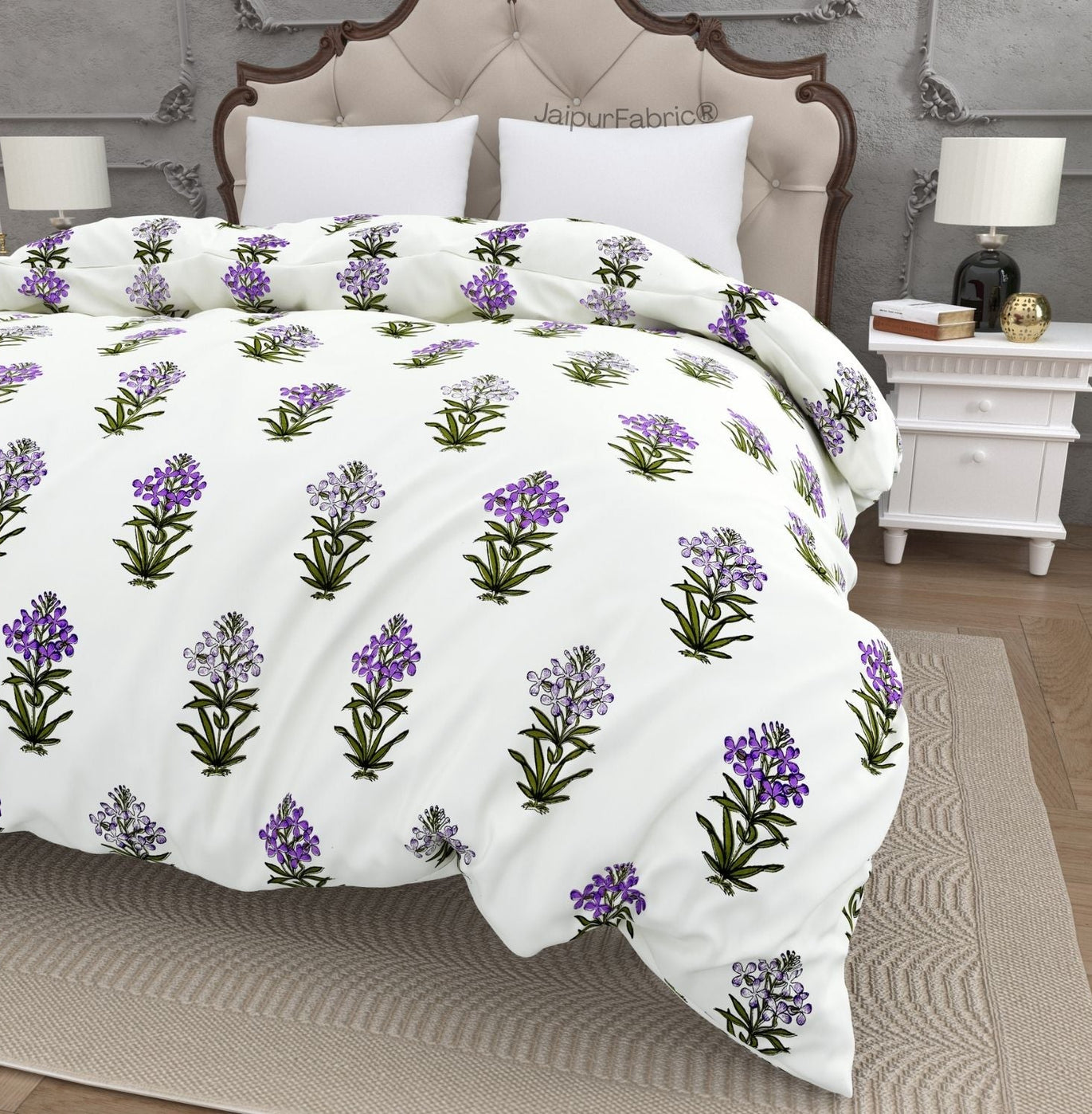 Jaipur Garden Hand Block Printed Purple Floral and Green Leaf Double Bed Quilt