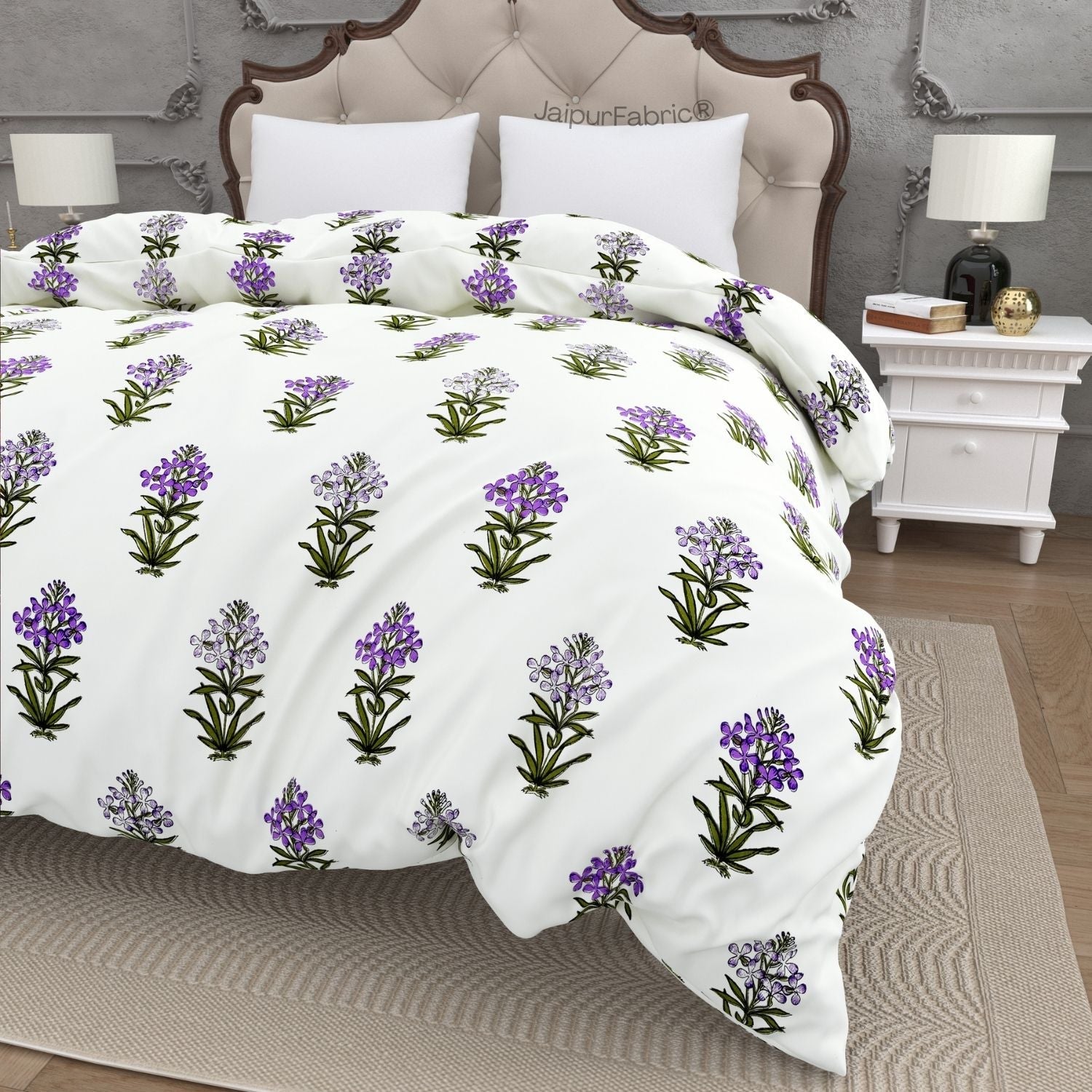 Jaipur Garden Hand Block Printed Purple Floral and Green Leaf Double Bed Quilt