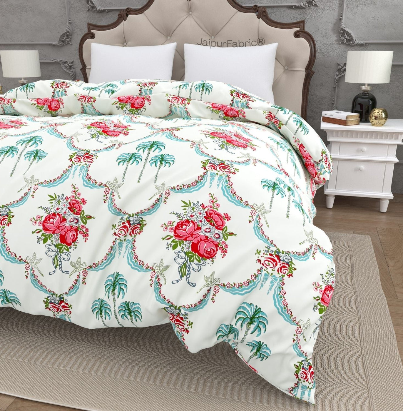 Vibrant Rose Bouquet Block Printed Jaipur Mela Cotton Double Bed Quilt