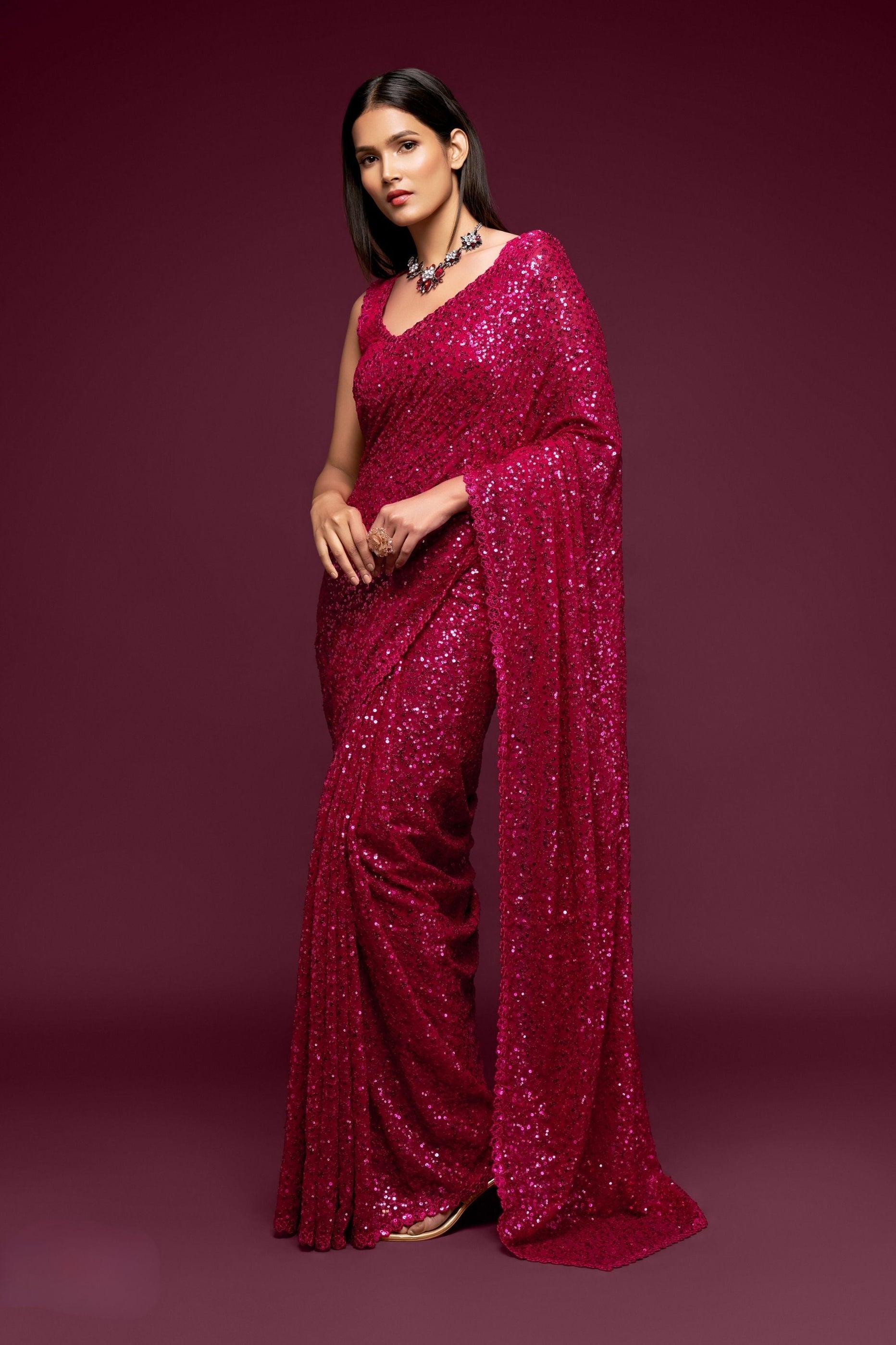 Hot Pink Party Wear Sequins Embroidered Saree In Georgette