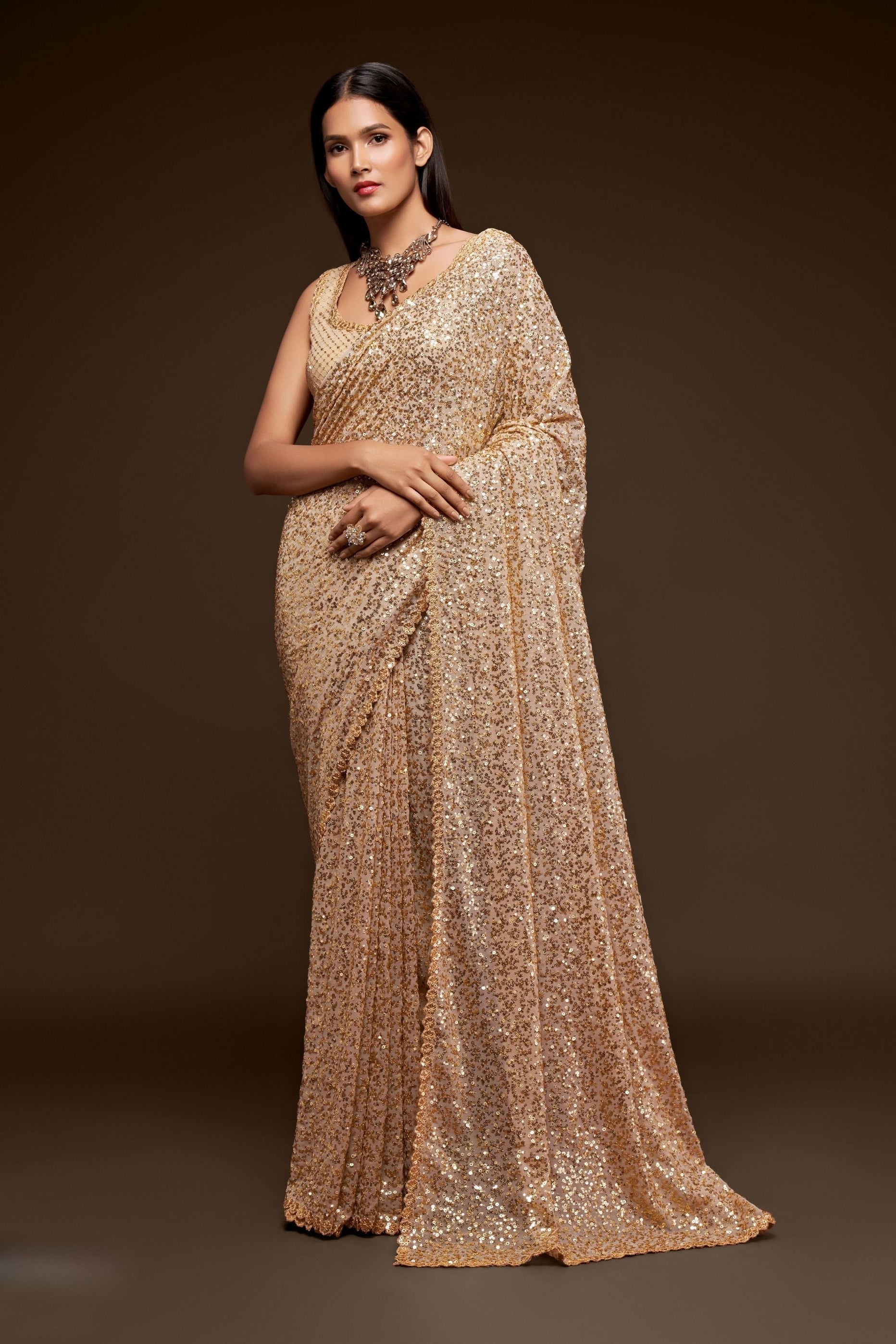 Cream Thread Embroidered Georgette Saree & Blouse