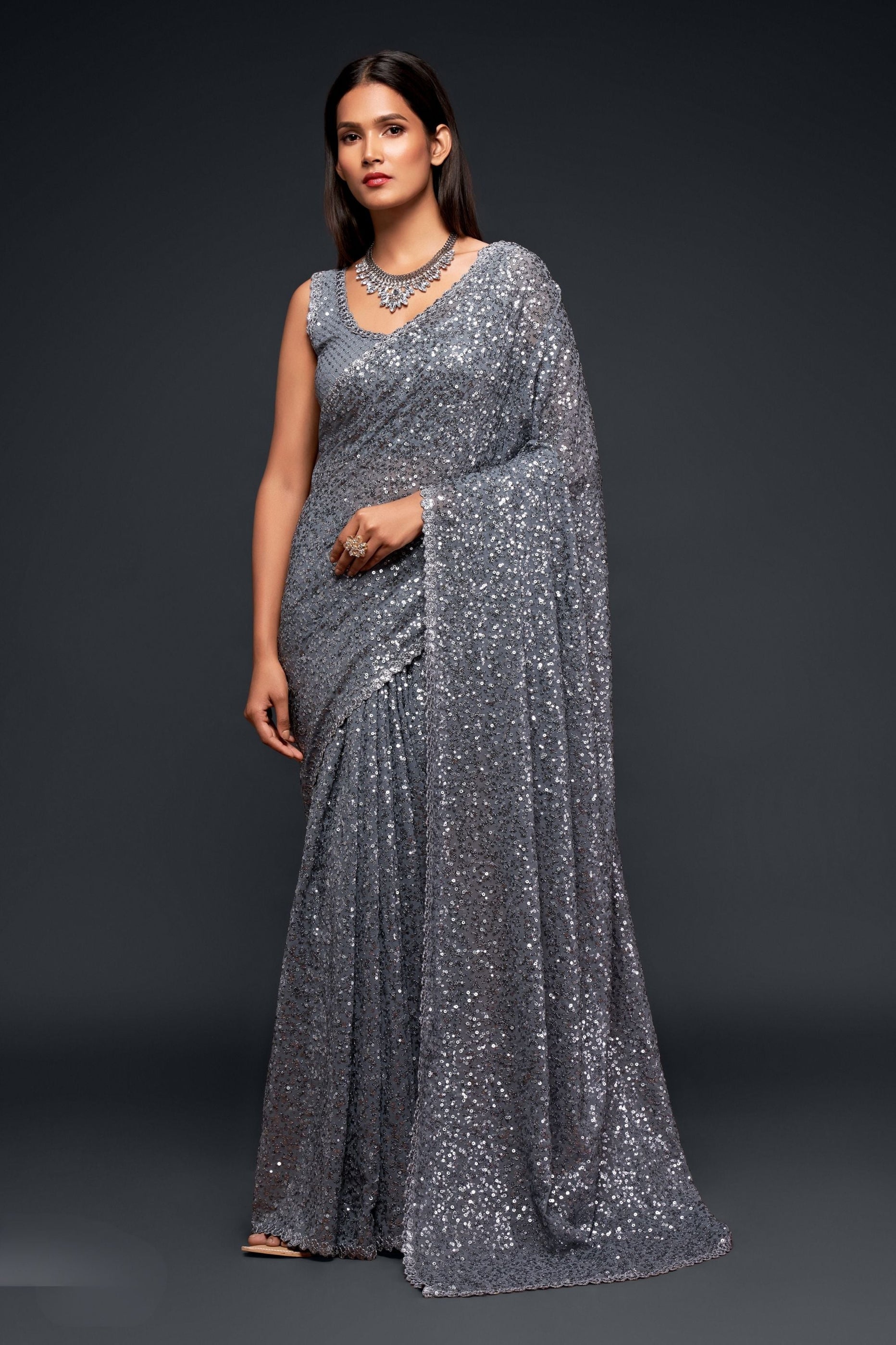 Thread & Sequins Embroidered Georgette Saree In Grey