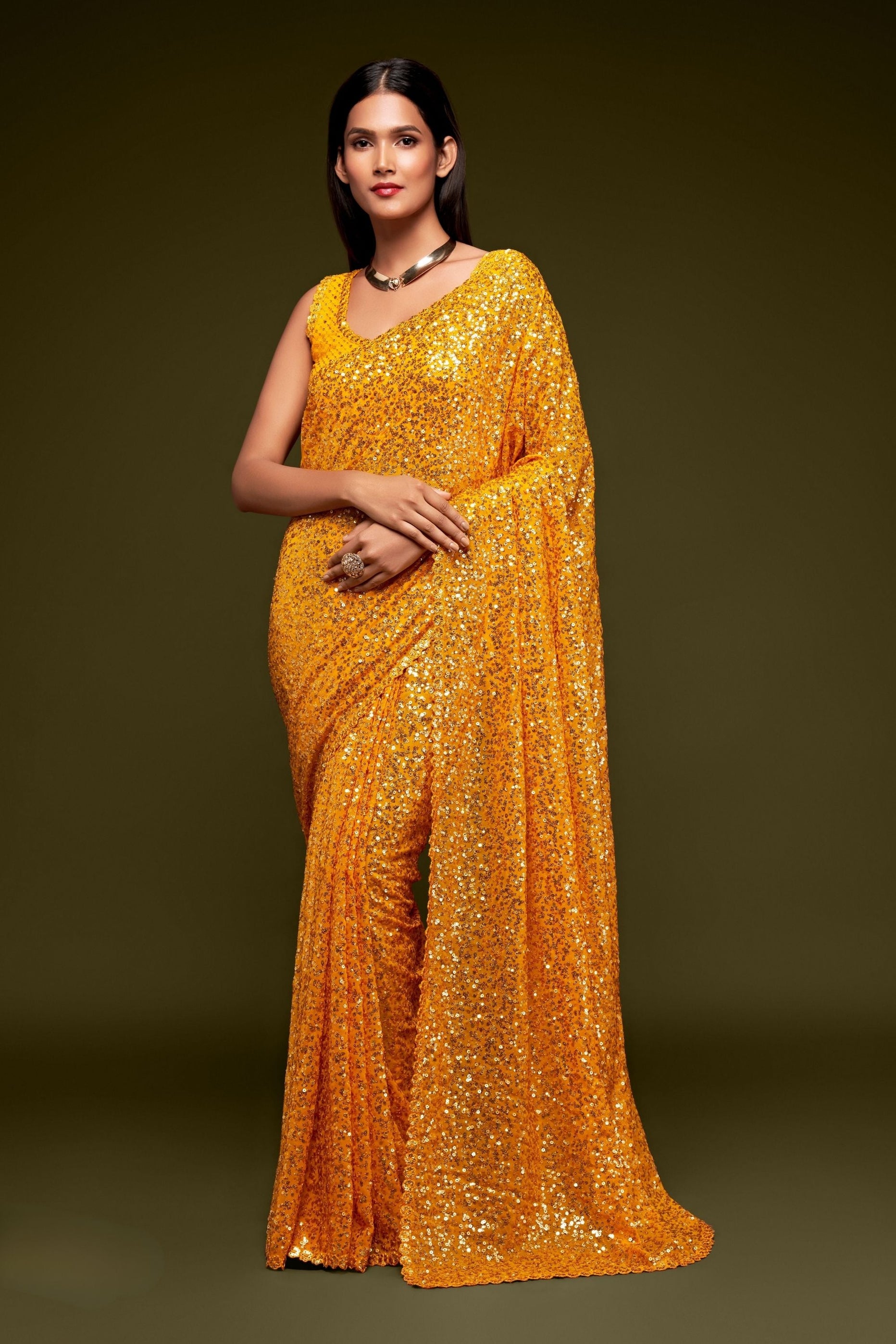 Yellow Sequined Georgette Saree For Party Wear