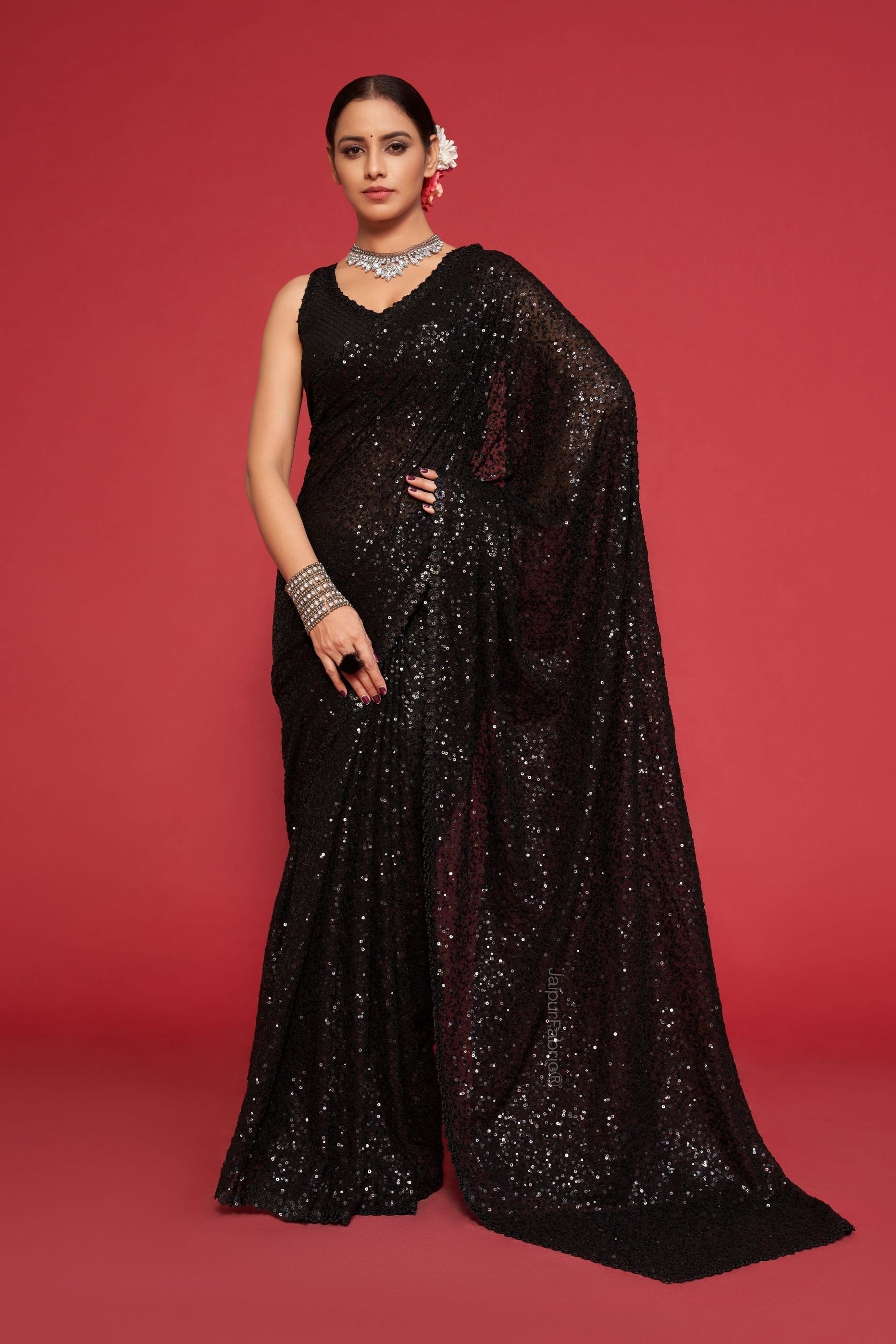 Party Wear Black Georgette Sequins Saree