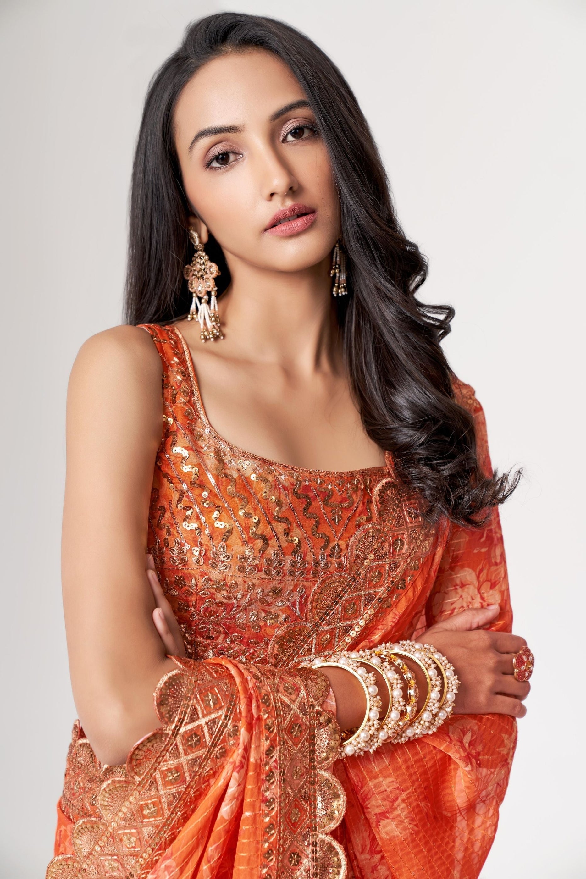 Digital Printed Georgette Scalloped Saree in Orange