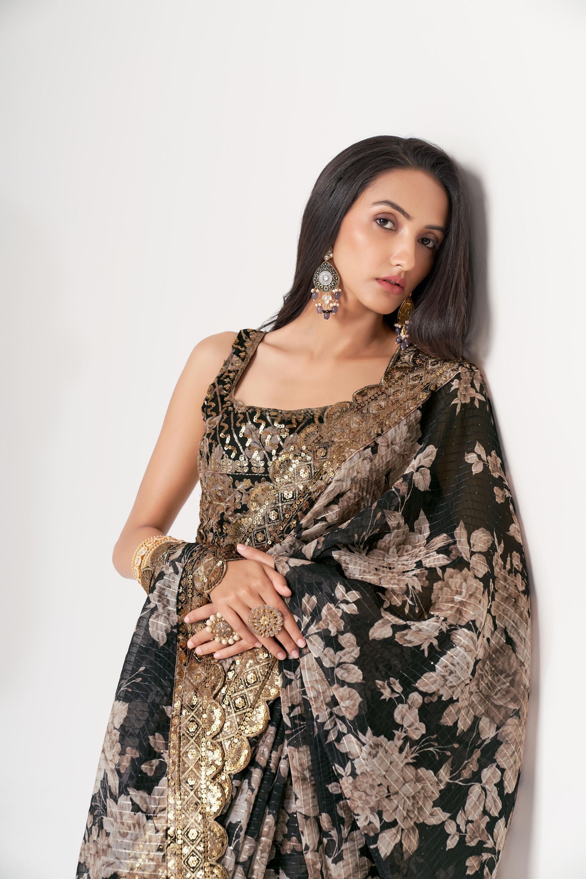 Digital Printed Georgette Scalloped Saree in Black