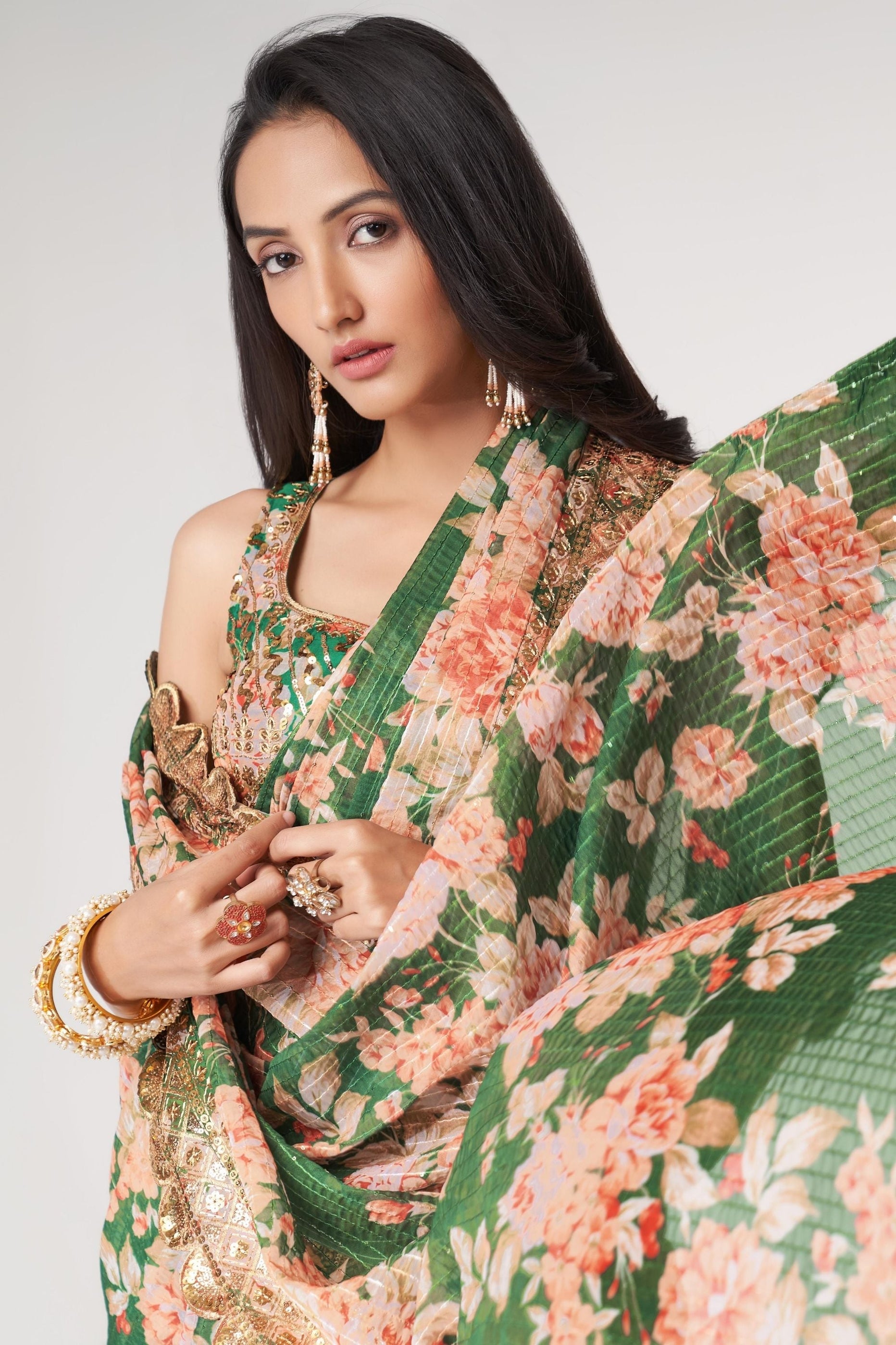 Digital Printed Georgette Scalloped Saree in Green