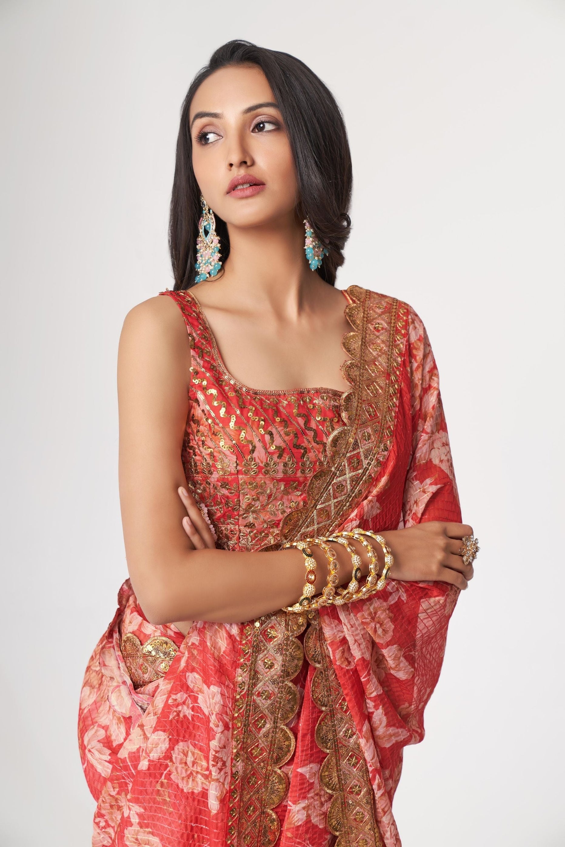 Digital Printed Georgette Scalloped Saree in Red