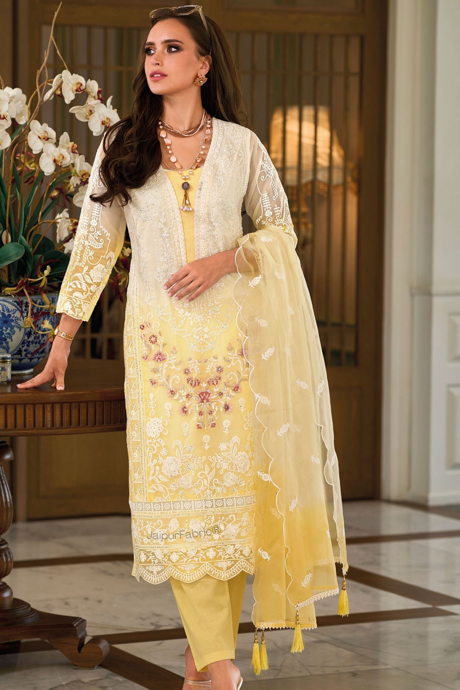 Shades Of Yellow & White Beautiful Embroidery Work Organza Suit