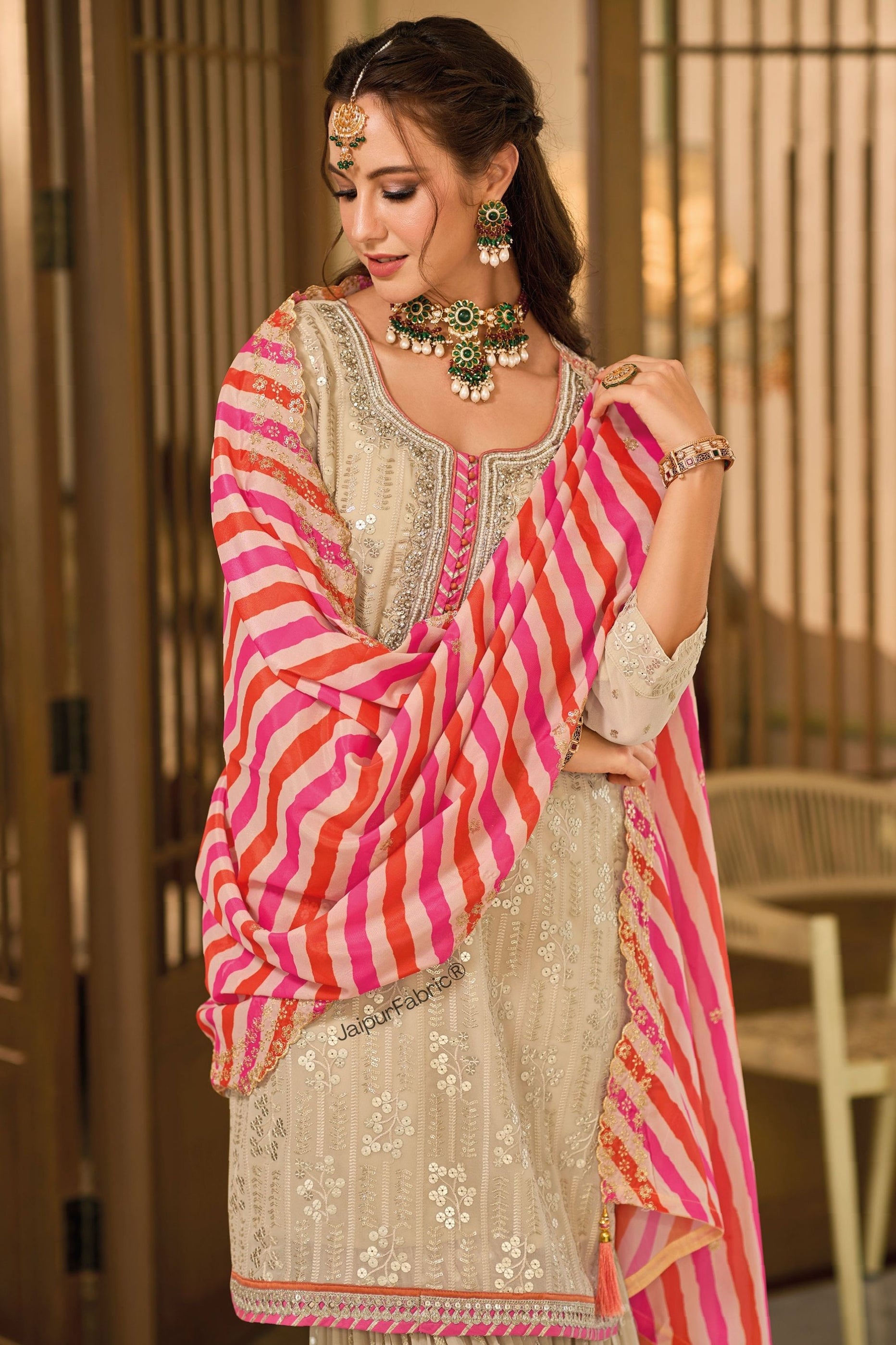 Embroidered Georgette Beautiful Suit In Beige