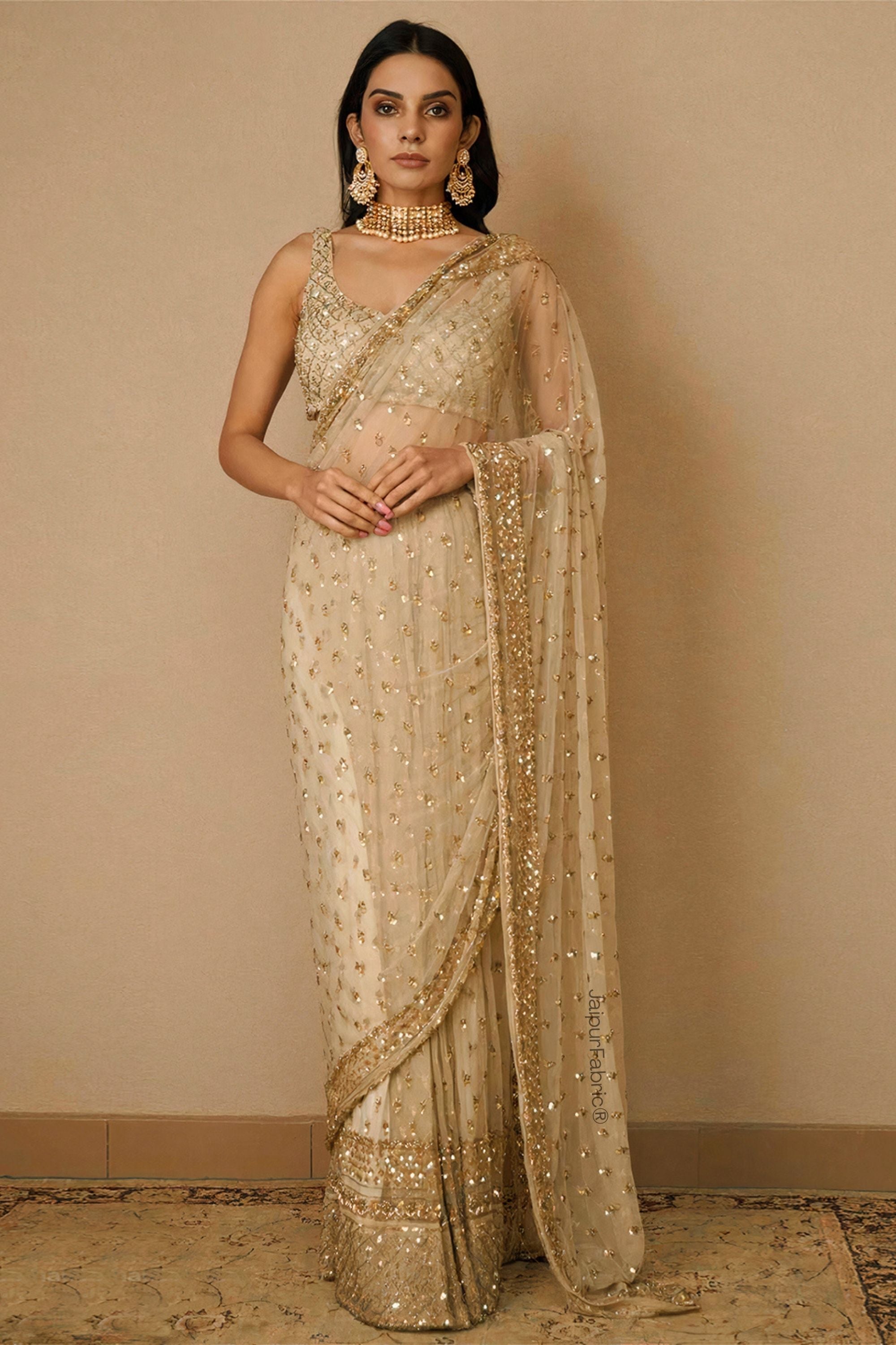 Beige Sequins Embellished Net Saree