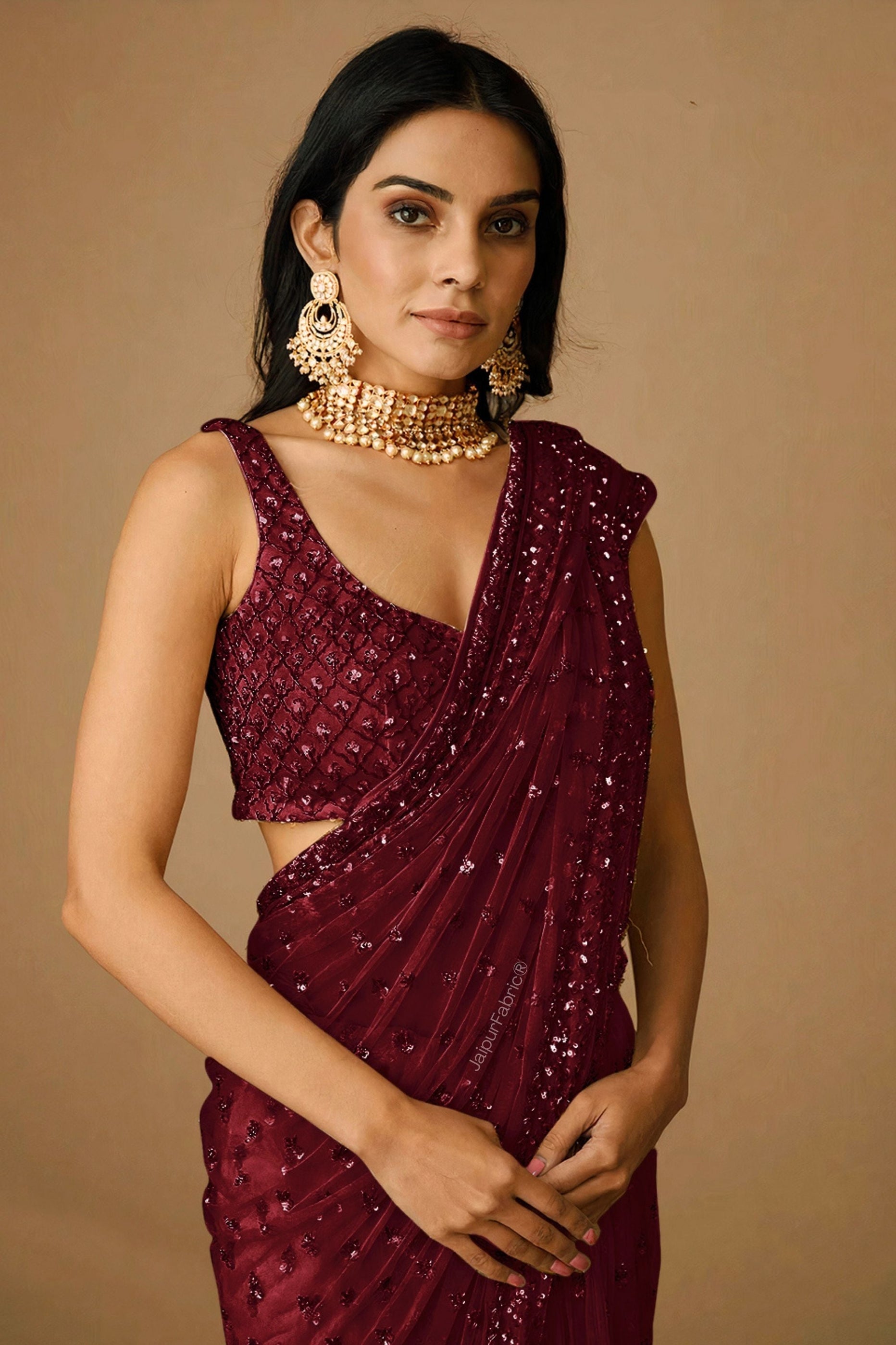 Embroidered Net Saree in Maroon