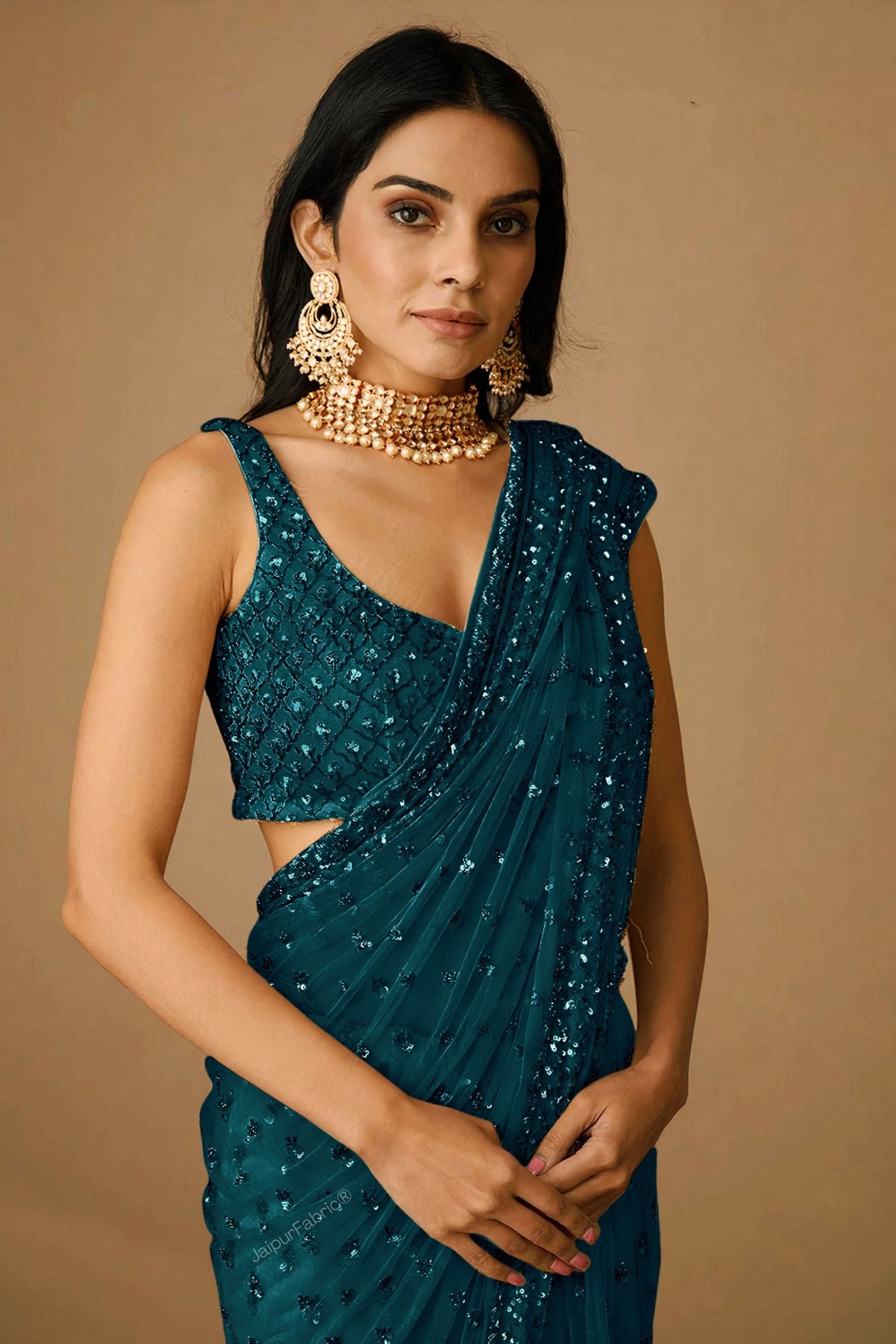 Blue Sequins Embellished Saree In Net