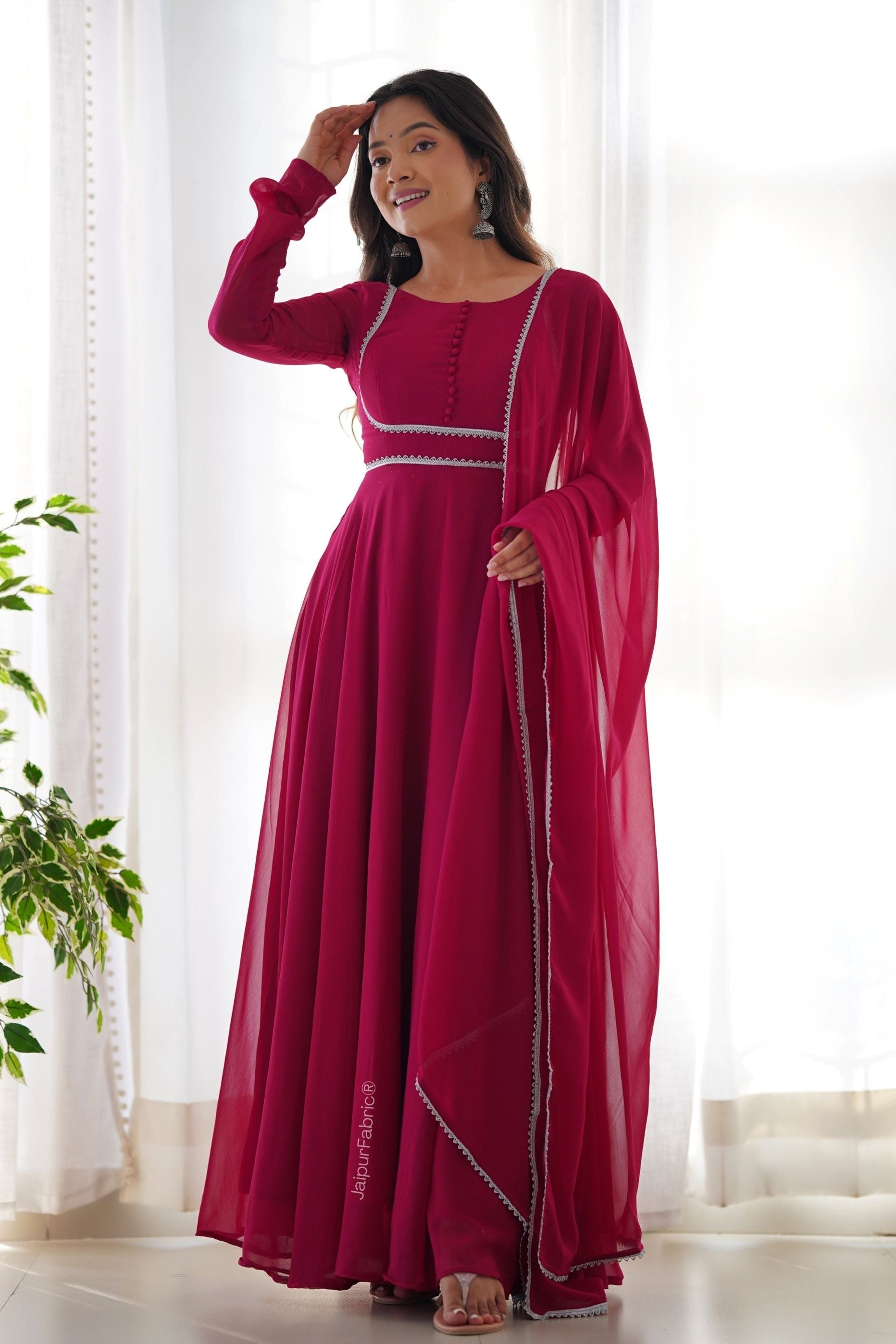 Lace Border Georgette Abaya Style Suit in Fuchsia